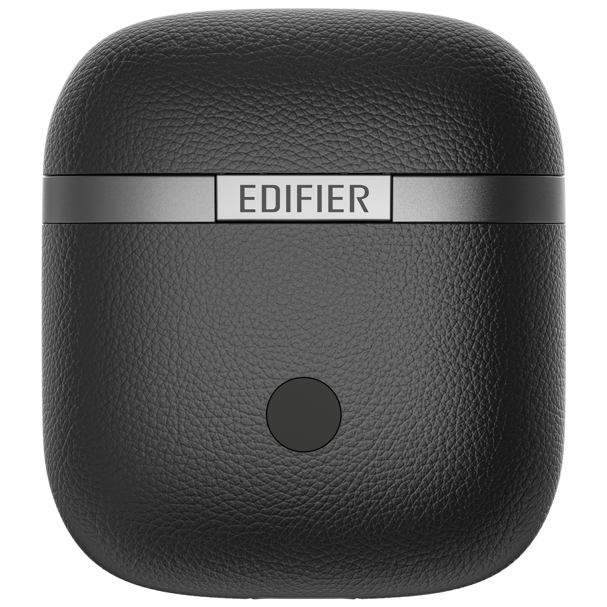 Czarne etui na słuchawki Edifier. Ma skórzaną fakturę i srebrny pasek z nazwą marki. Czarny przycisk na dole.