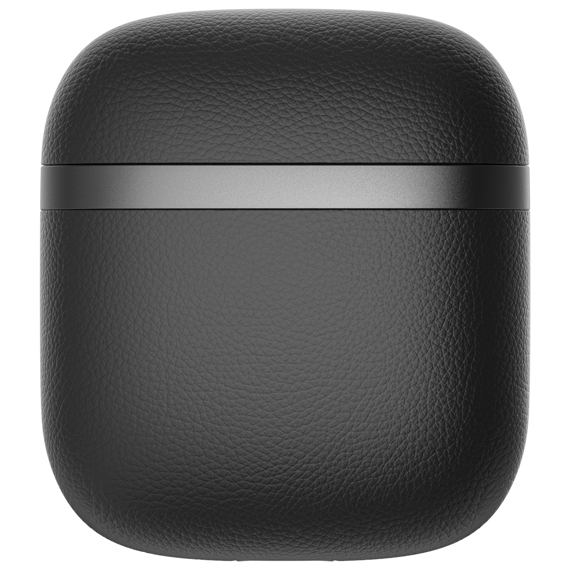 Zbliżenie zaokrąglonego czarnego etui z teksturowaną powierzchnią i srebrnym paskiem pośrodku.