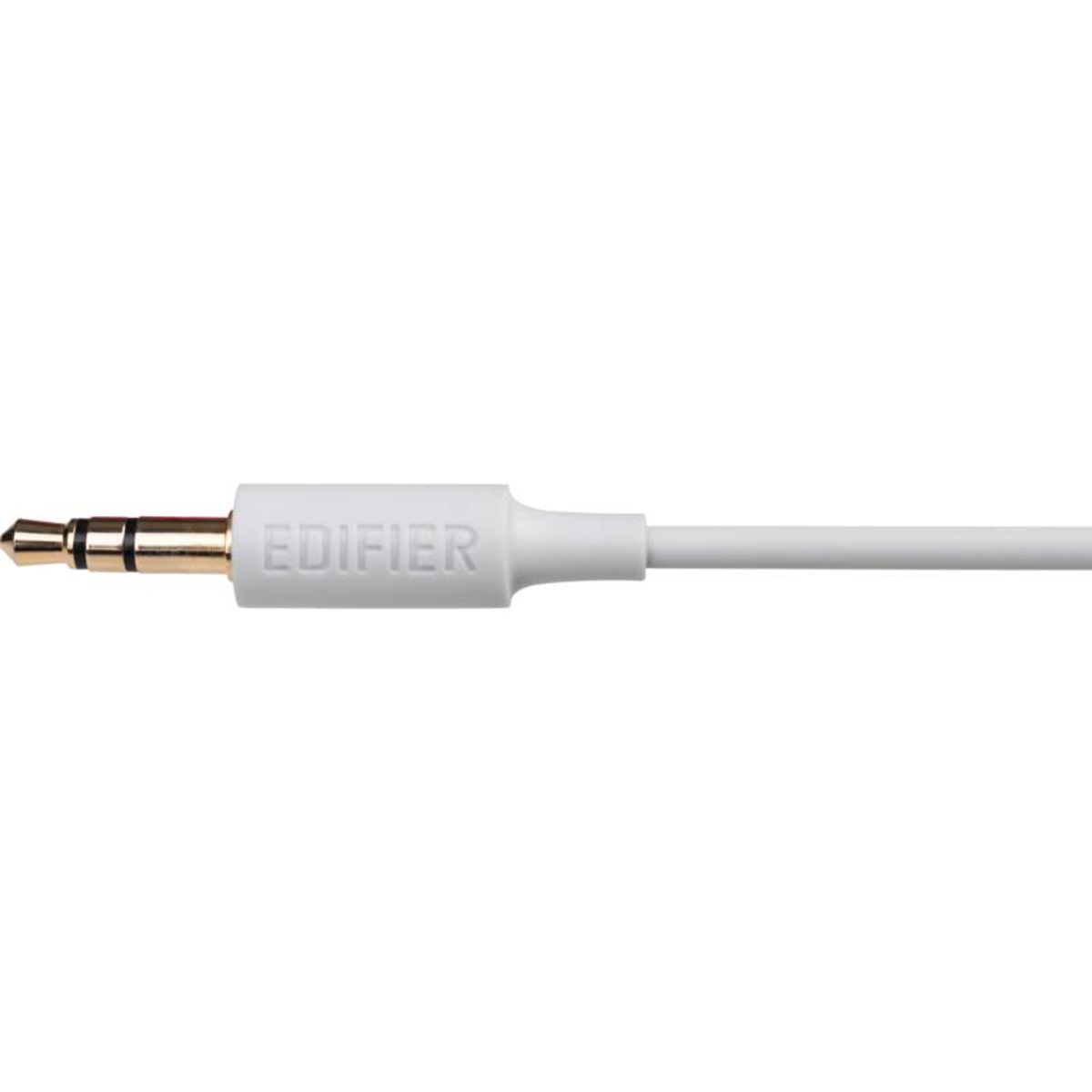 Zbliżenie białego gniazda audio z marką 'EDIFIER' i białym kablem rozciągającym się w prawo.