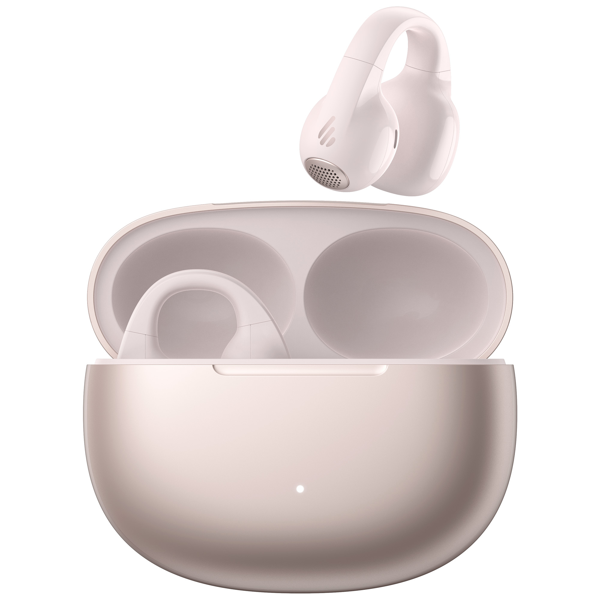 Słuchawki i etui ładujące. Słuchawki są białe, w etui. Jedna słuchawka jest na zewnątrz. Etui jest różowe.
