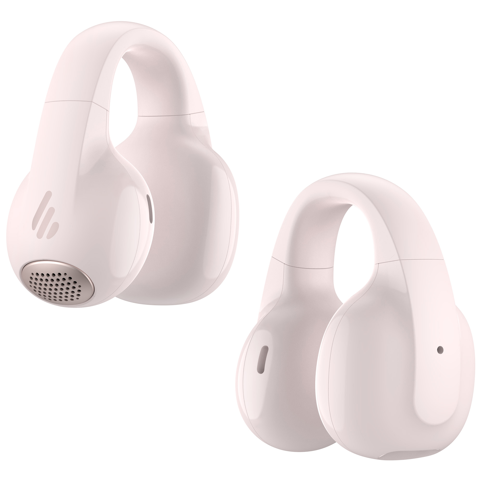 Dwa bezprzewodowe, jasnoróżowe słuchawki na białym tle. Jeden ma kratkę głośnika, drugi nie.