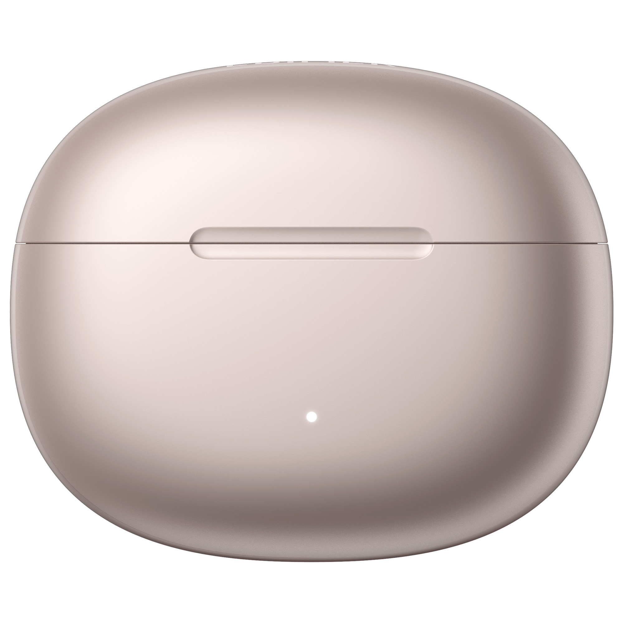 Różowo-złote, owalne etui na słuchawki. Ma poziomą linię pośrodku, małe światło poniżej i białe tło.