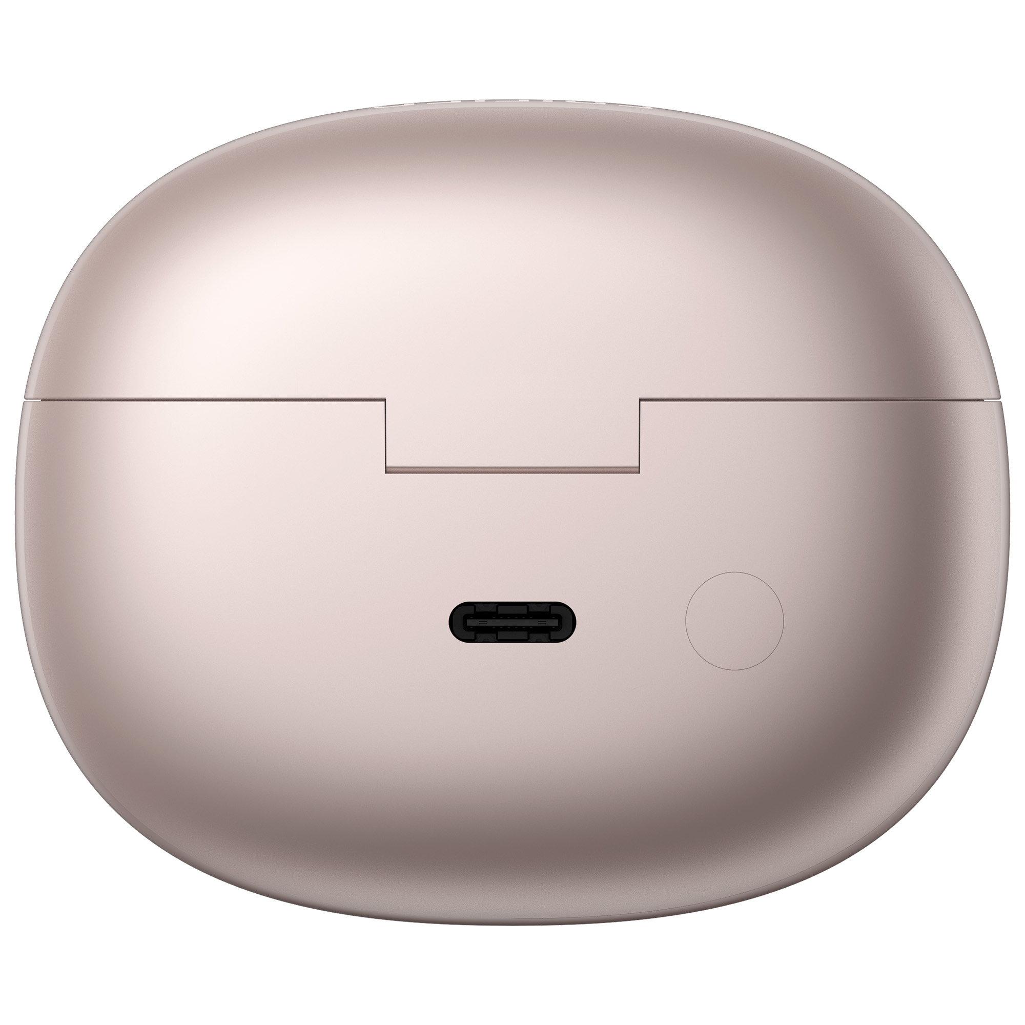 Różowo-złote etui ładujące słuchawki. Ma port ładowania i mały przycisk. Obudowa jest owalna i zamknięta.