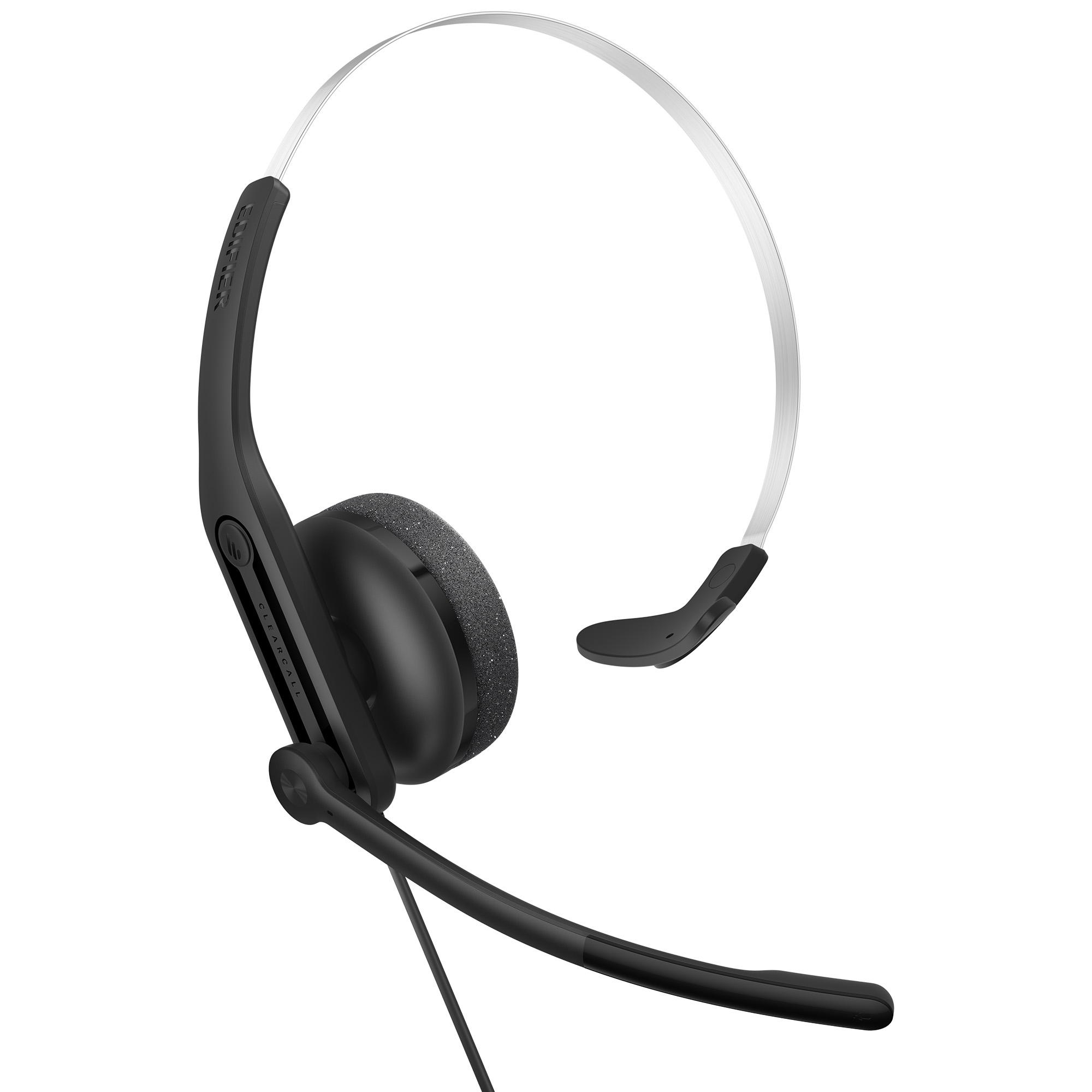 Czarny zestaw słuchawkowy z mikrofonem. Pałąk jest srebrny, nausznik czarny z szarą wyściółką, a mikrofon czarny.