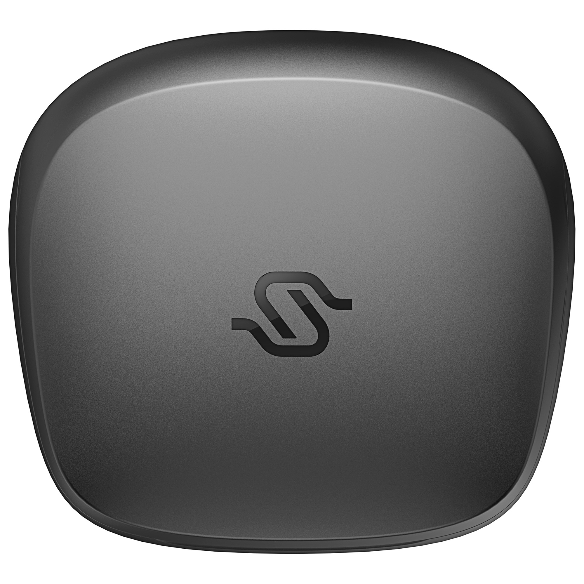 Ciemnoszary, zaokrąglony obiekt z wpuszczonym logo w kształcie litery S. Obiekt ma gładkie, matowe wykończenie.