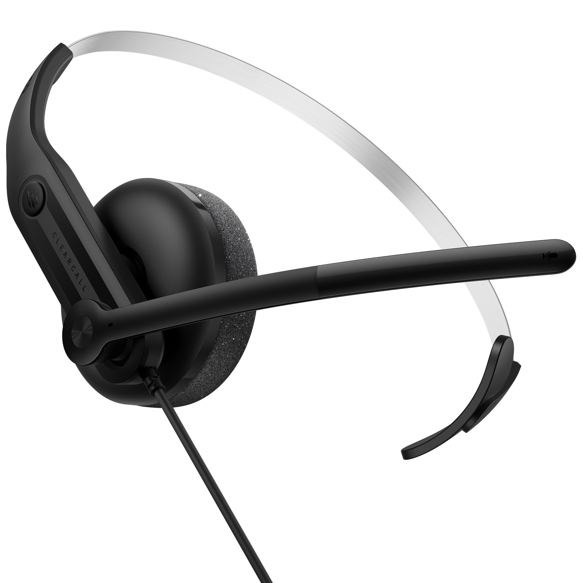 Czarny zestaw słuchawkowy z mikrofonem. Ma srebrny pałąk i przewód. Widoczna jest marka CLEARCALL.