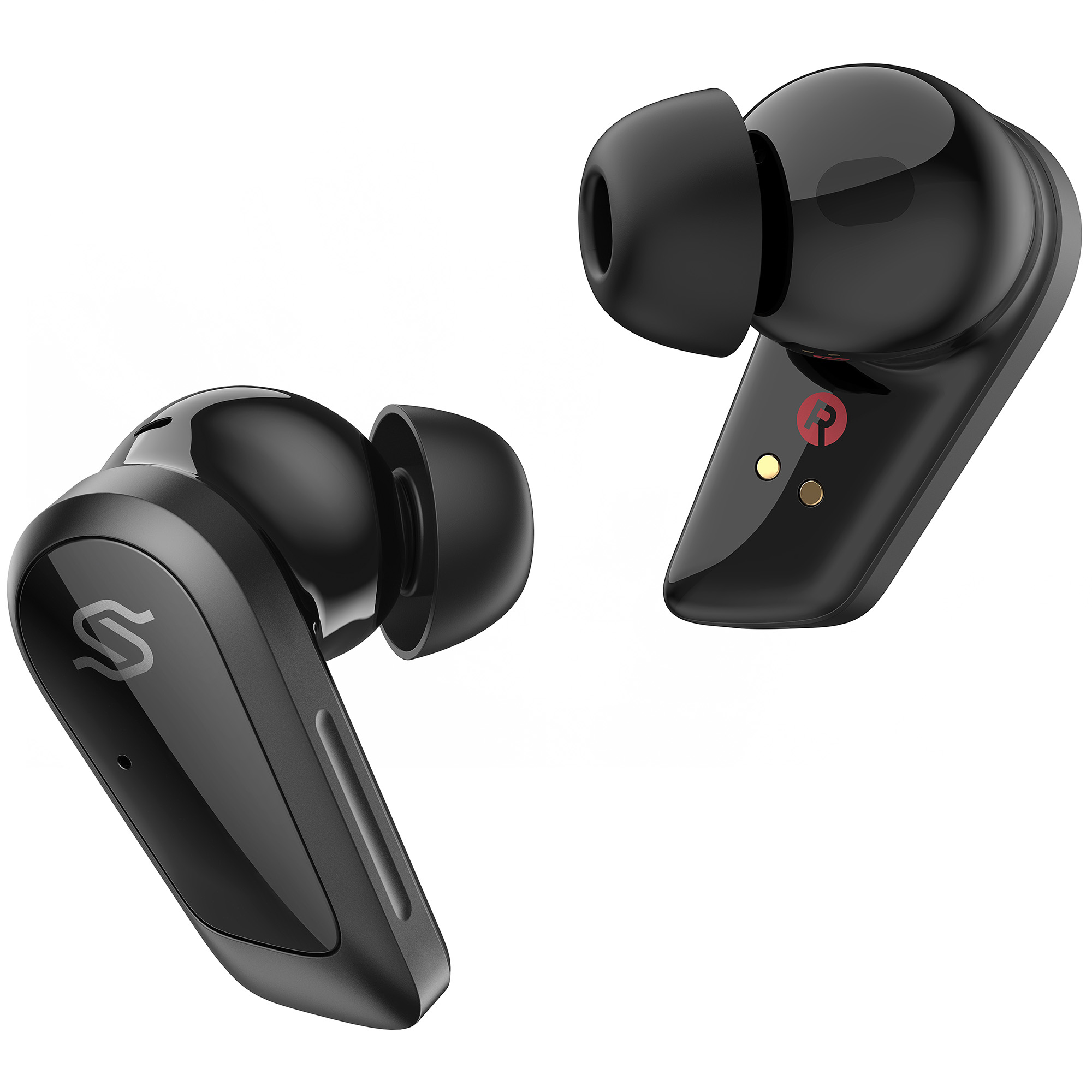 Dwa czarne bezprzewodowe słuchawki na białym tle. Jeden z logo 'S'. Drugi ma logo 'R'.