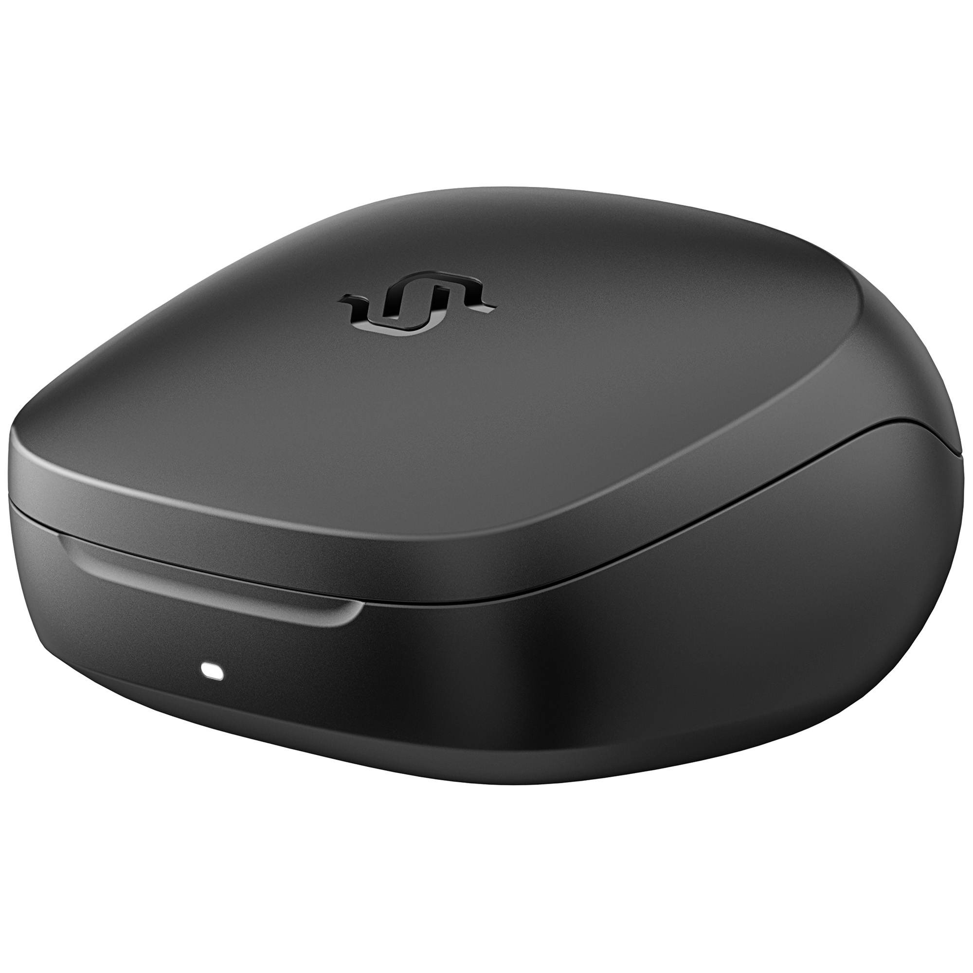 Zamknięty, czarny, zaokrąglony futerał z logo na górze i małym światełkiem na dole. Jest na białym tle.