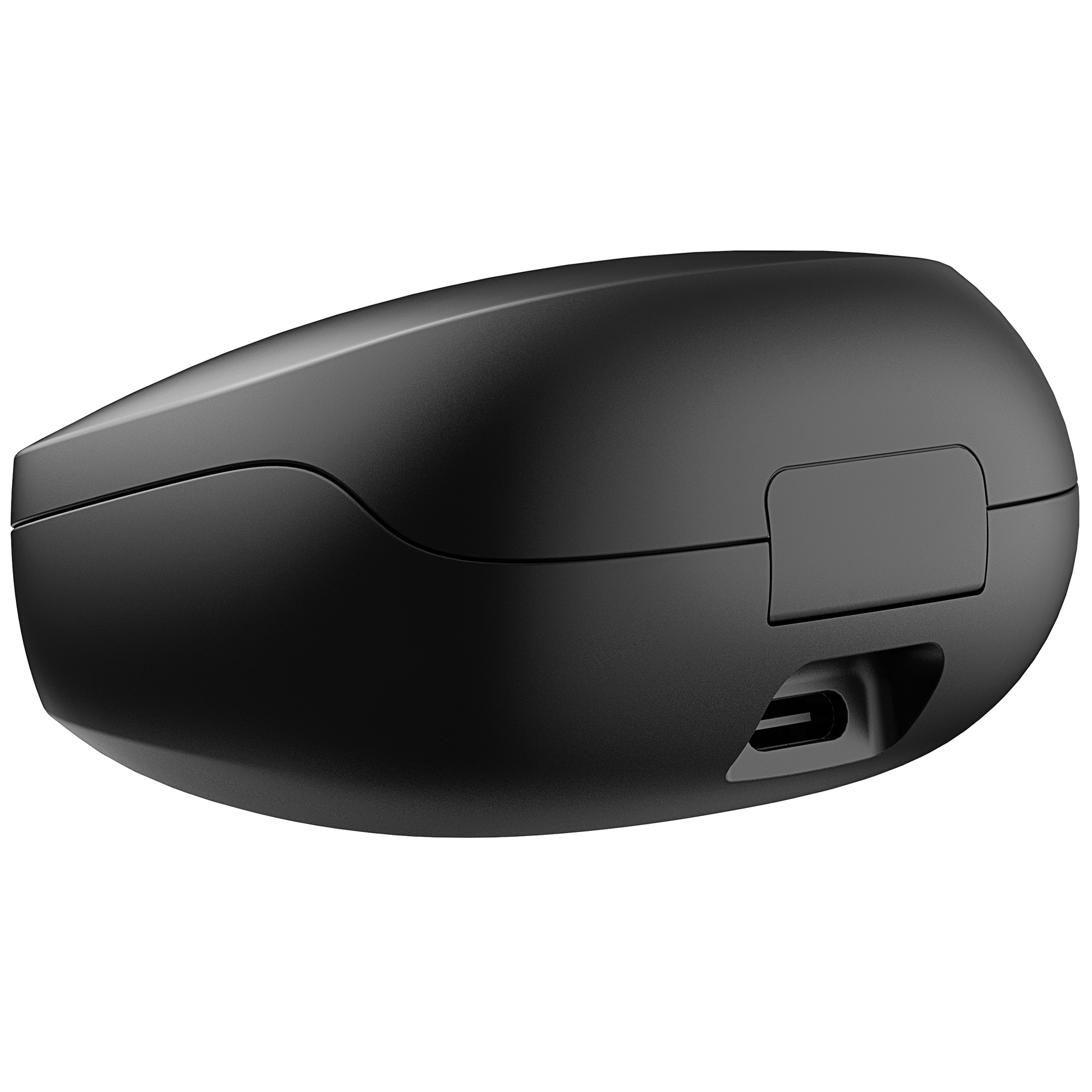 Zbliżenie czarnego, owalnego przedmiotu z małą prostokątną klapką i portem USB-C.