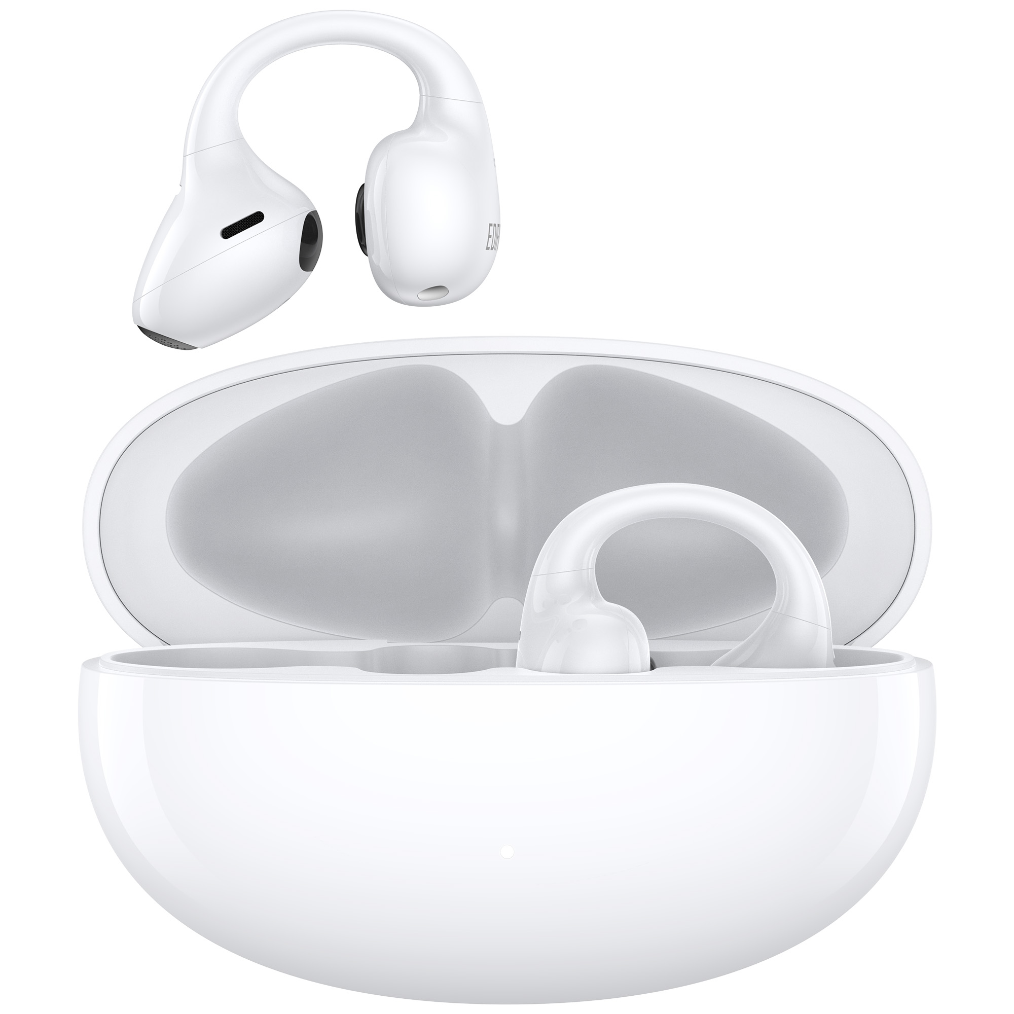 Białe słuchawki kostne i etui ładujące. Jedna słuchawka jest poza etui.