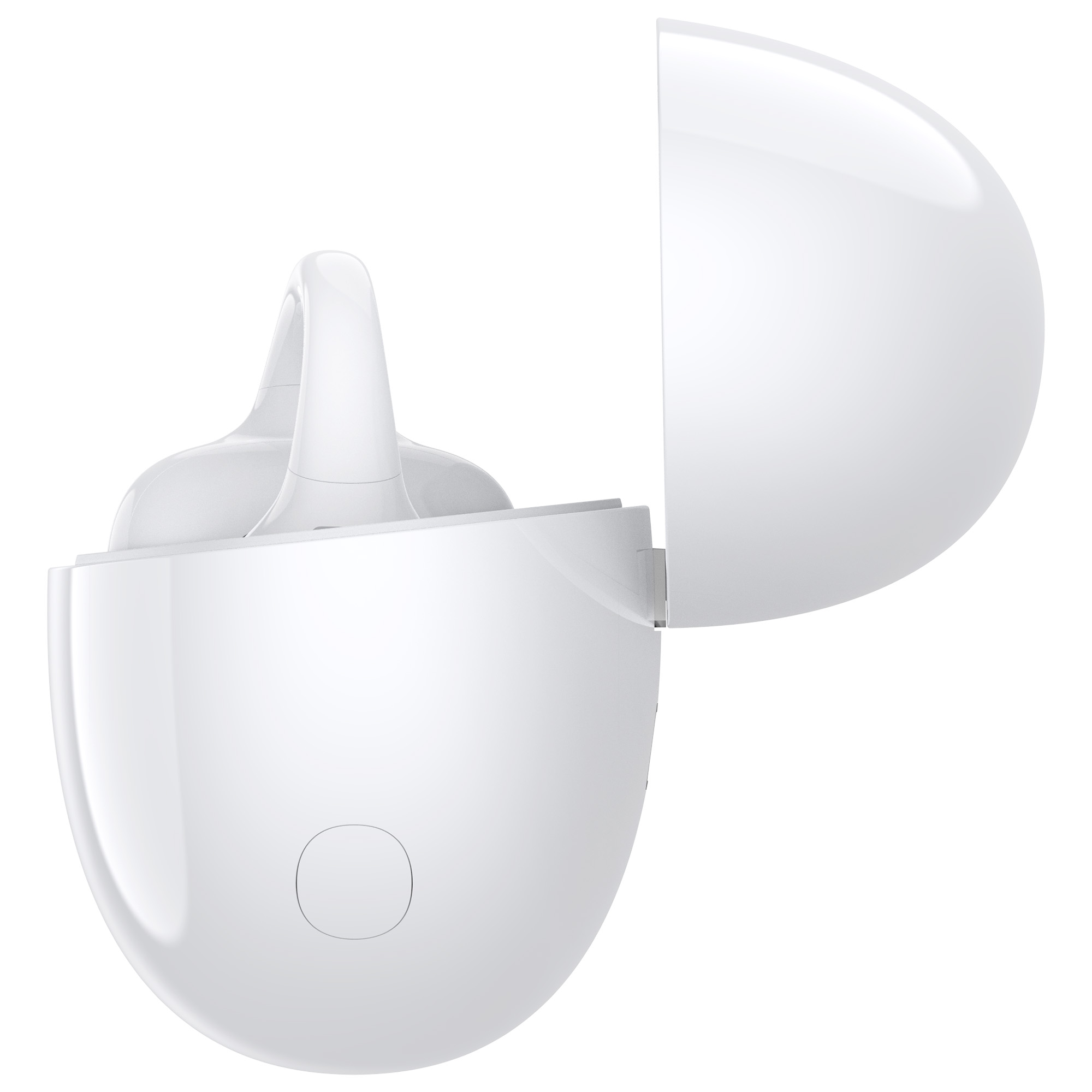 Białe, otwarte etui na słuchawki o zakrzywionym kształcie, odsłaniające dwie słuchawki. Tło jest białe.