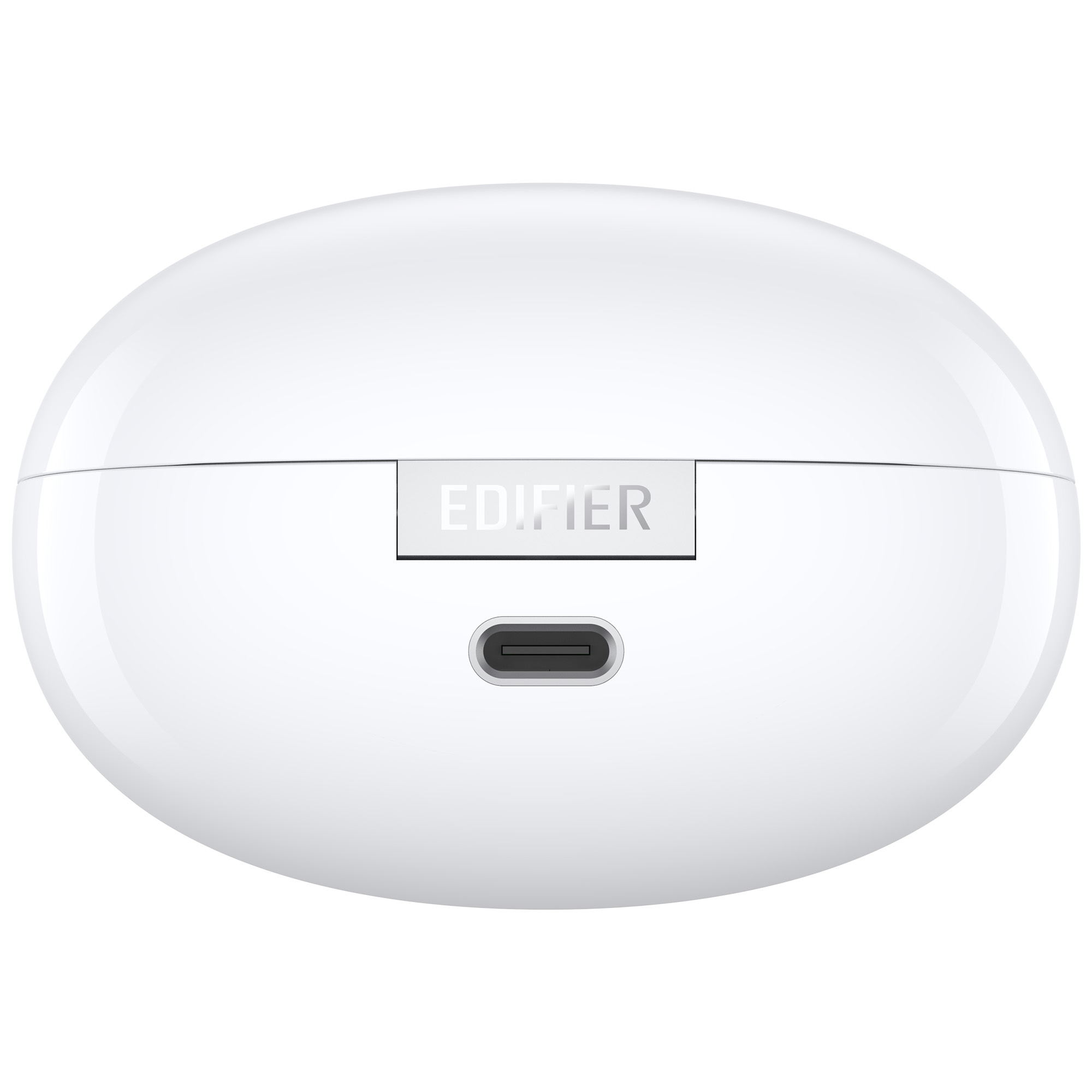 Białe etui ładujące słuchawki Edifier z nazwą marki. Ma port USB-C na dole.