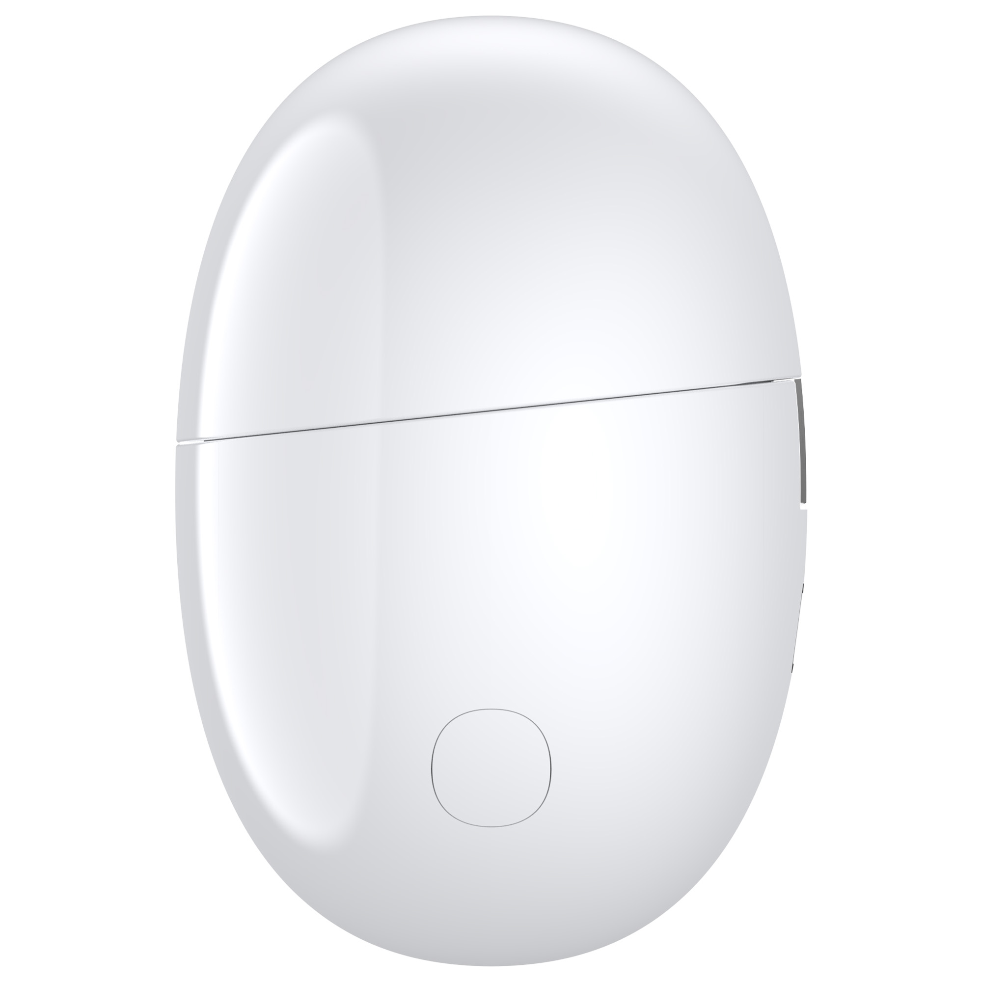 Biały, owalny obiekt z linią pośrodku i okręgiem na dole. Wygląda jak etui na słuchawki.