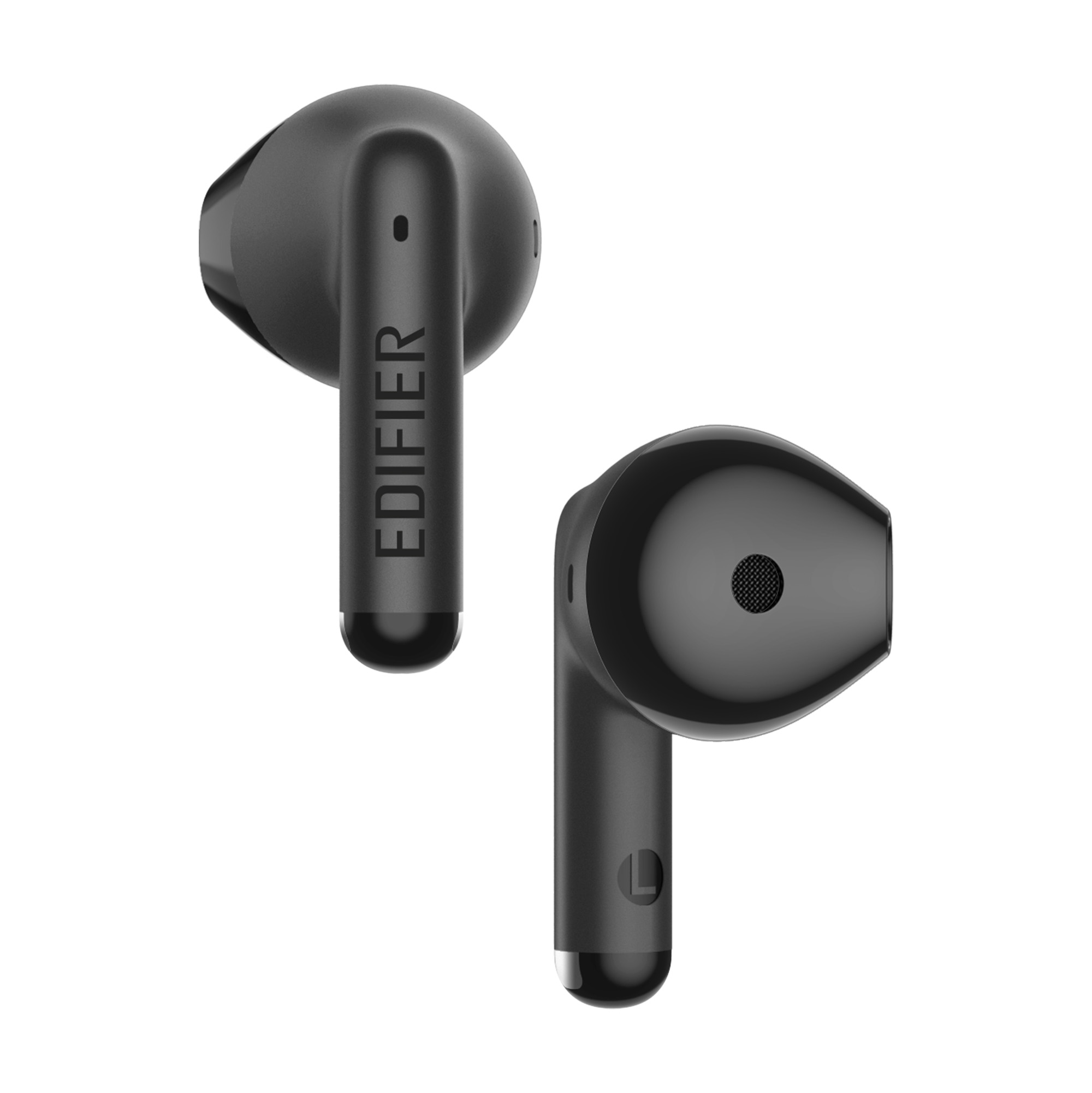 Dwa czarne słuchawki douszne Edifier na białym tle. Na jednej słuchawce widnieje logo Edifier.