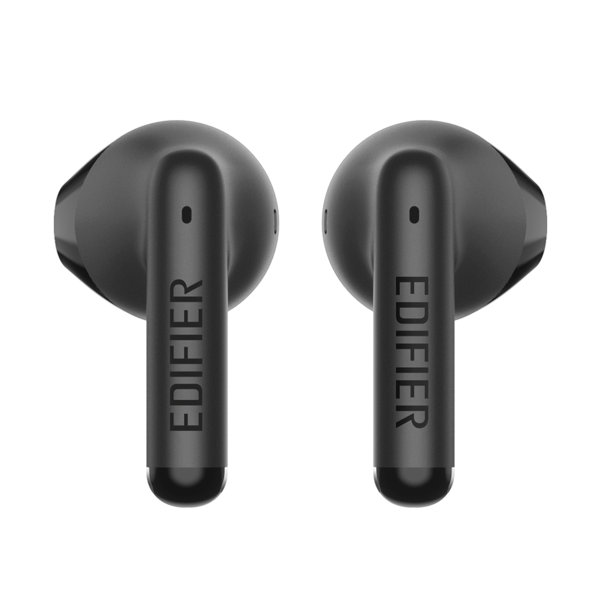 Dwa czarne słuchawki Edifier na białym tle. Każdy ma napis 'EDIFIER' na trzonie.