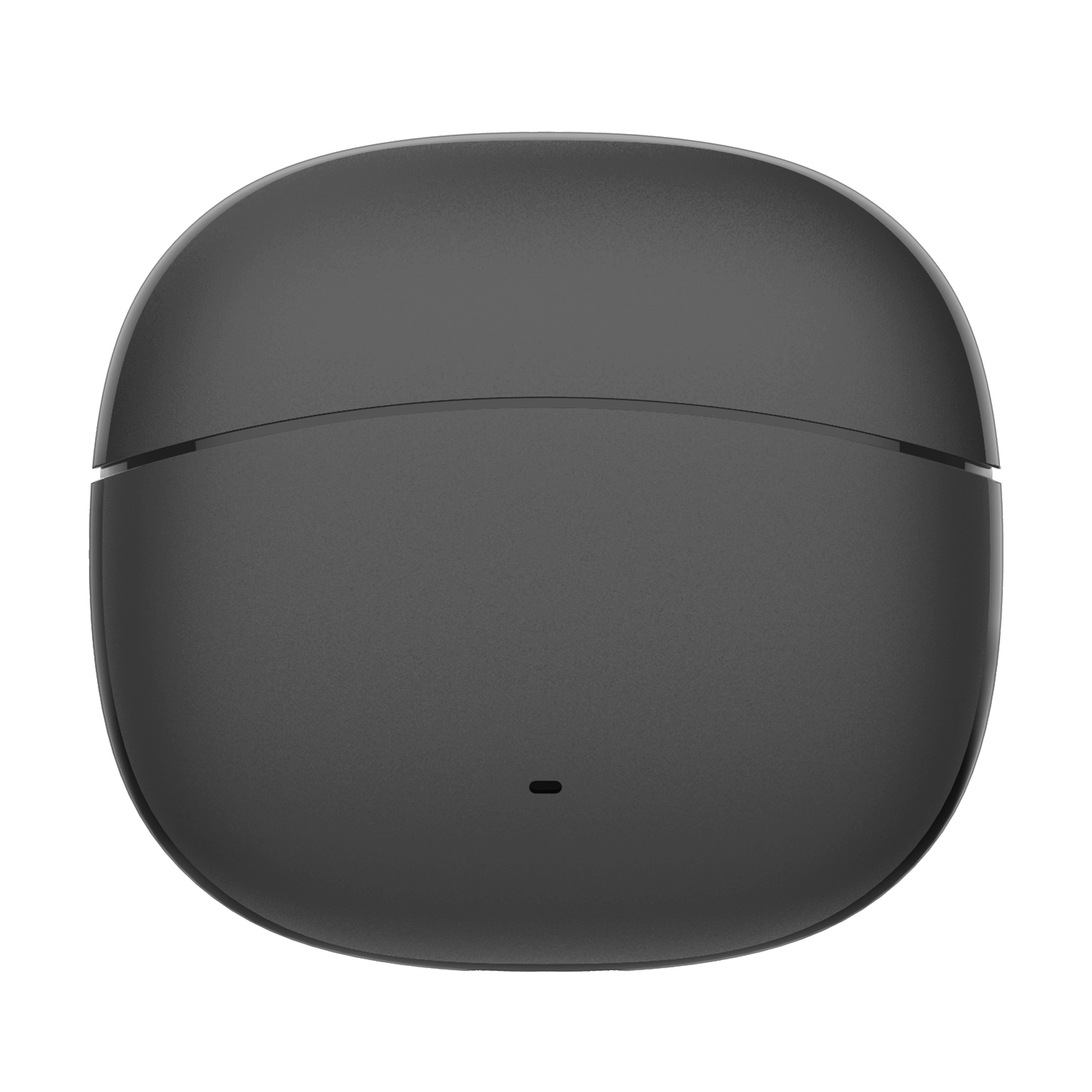 Zamknięte, owalne, ciemnoszare etui na słuchawki. Ma gładką powierzchnię i małą lampkę kontrolną na dole.