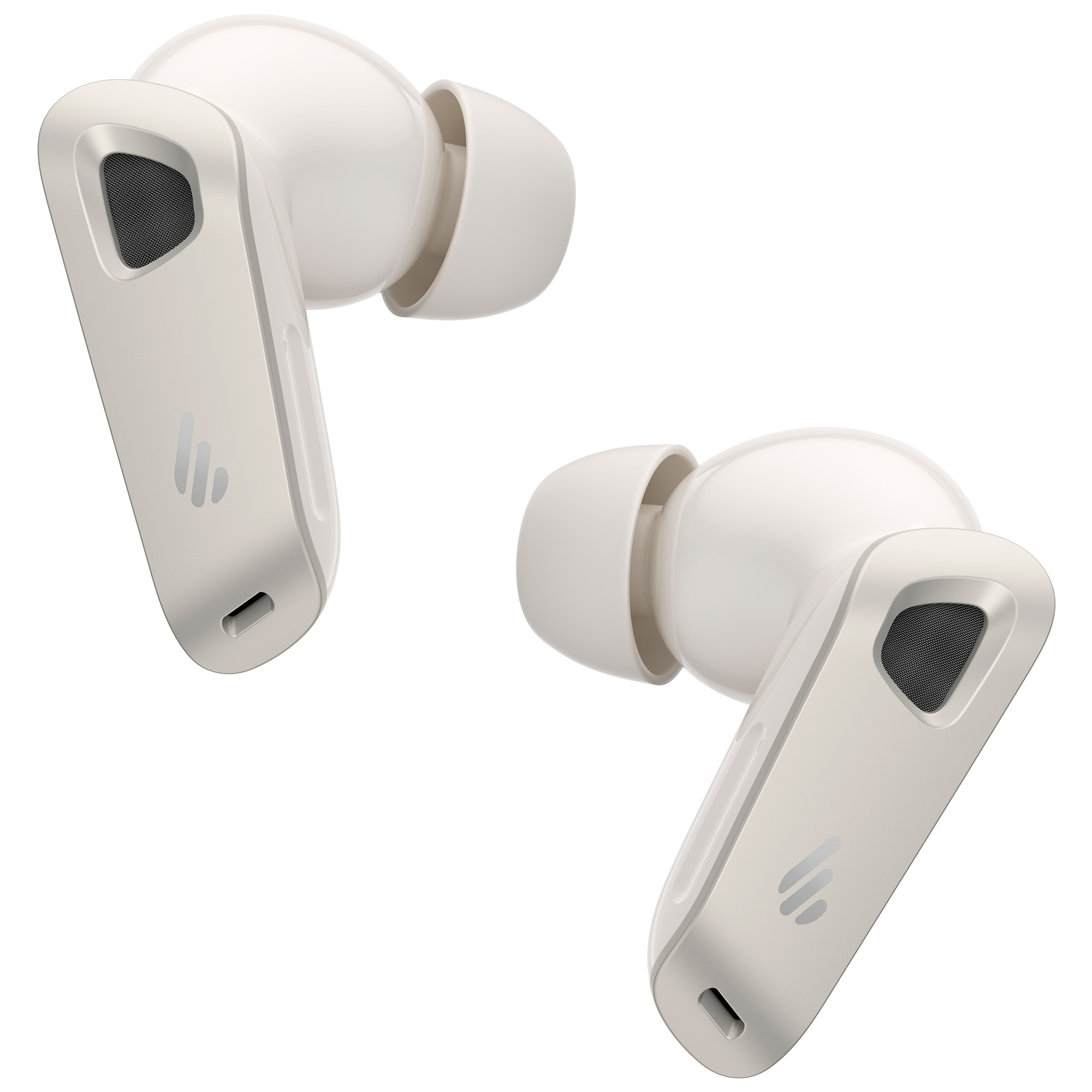 Dwa bezprzewodowe słuchawki, białe i szaro-srebrne, na białym tle. Każdy ma zaokrąglony pączek i prostokątną łodygę.