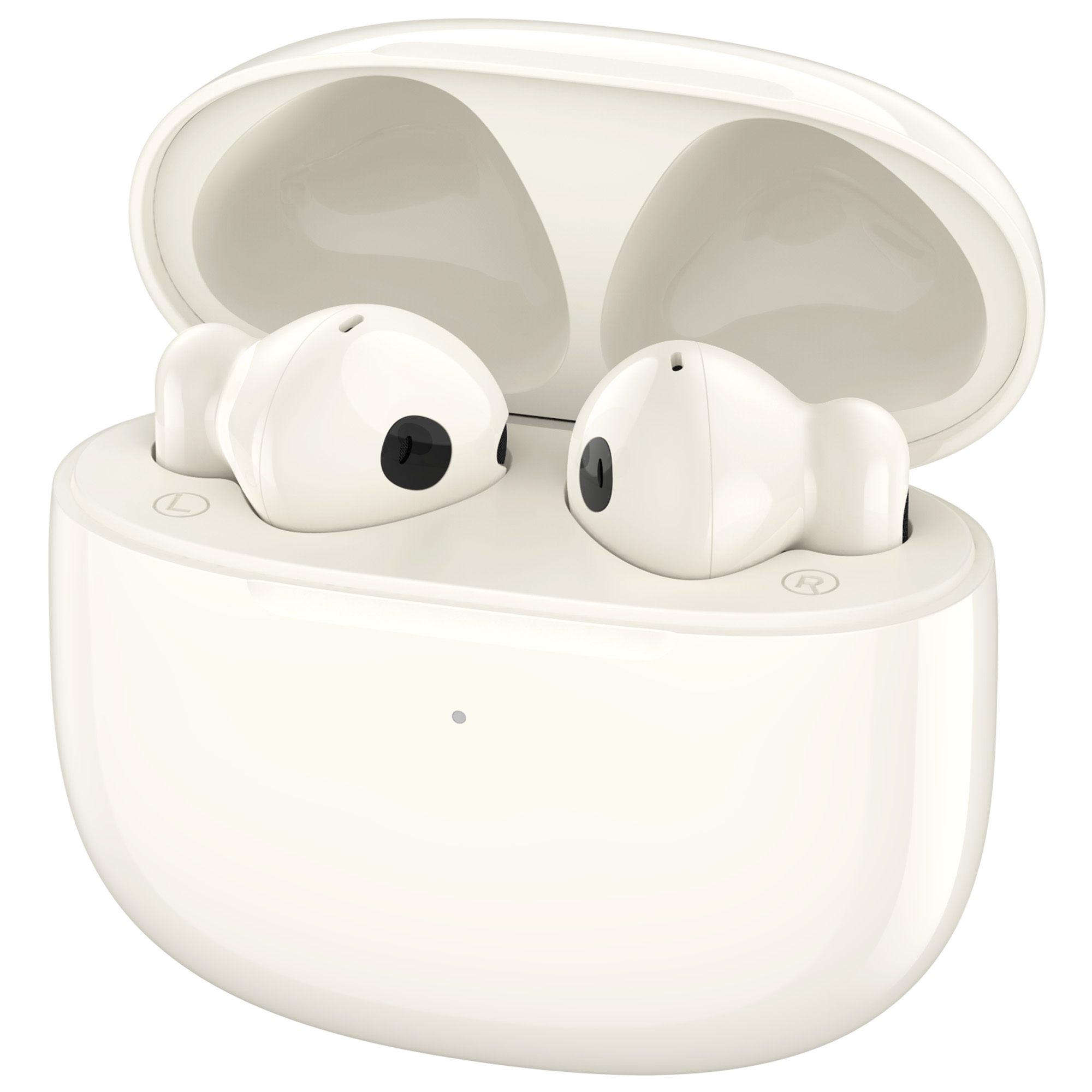Białe bezprzewodowe słuchawki w otwartym etui ładującym. Słuchawki mają czarne detale. Etui i słuchawki są w kolorze ecru.