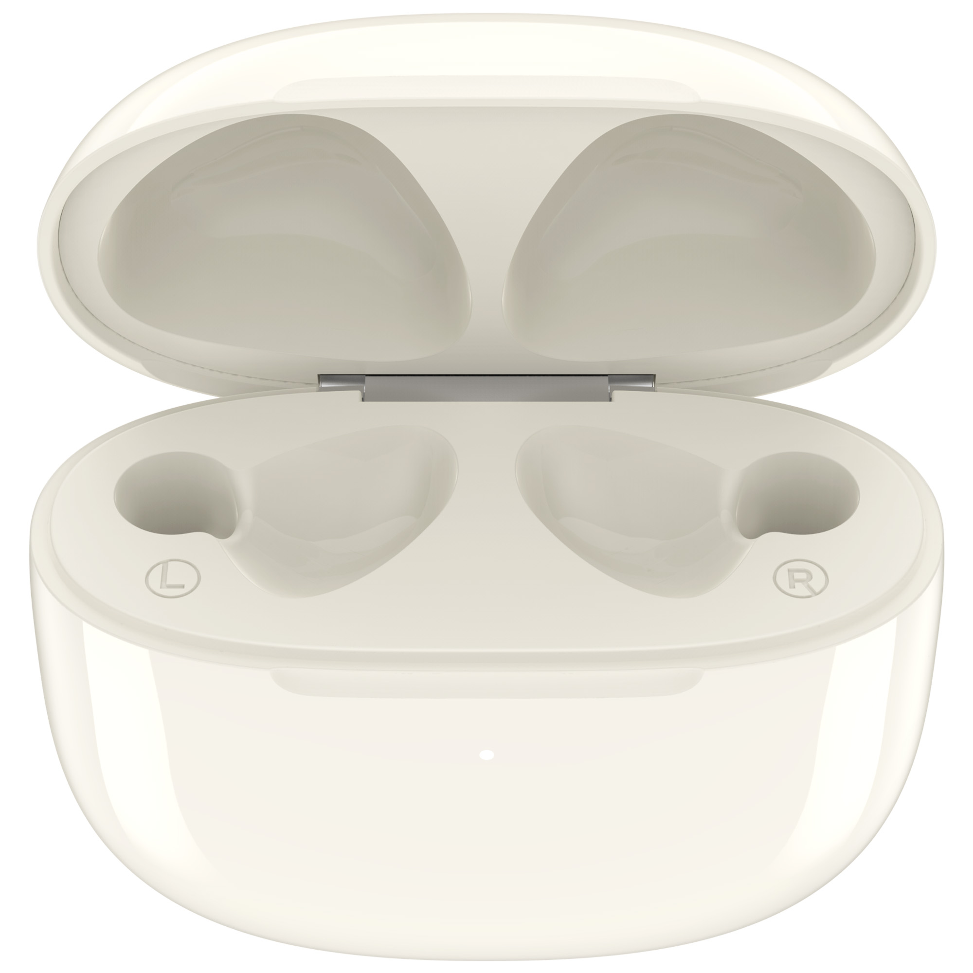 Otwarta, kremowa obudowa słuchawek. Wewnątrz znajdują się dwie przegródki na słuchawki i zawias. Obudowa jest otwarta.