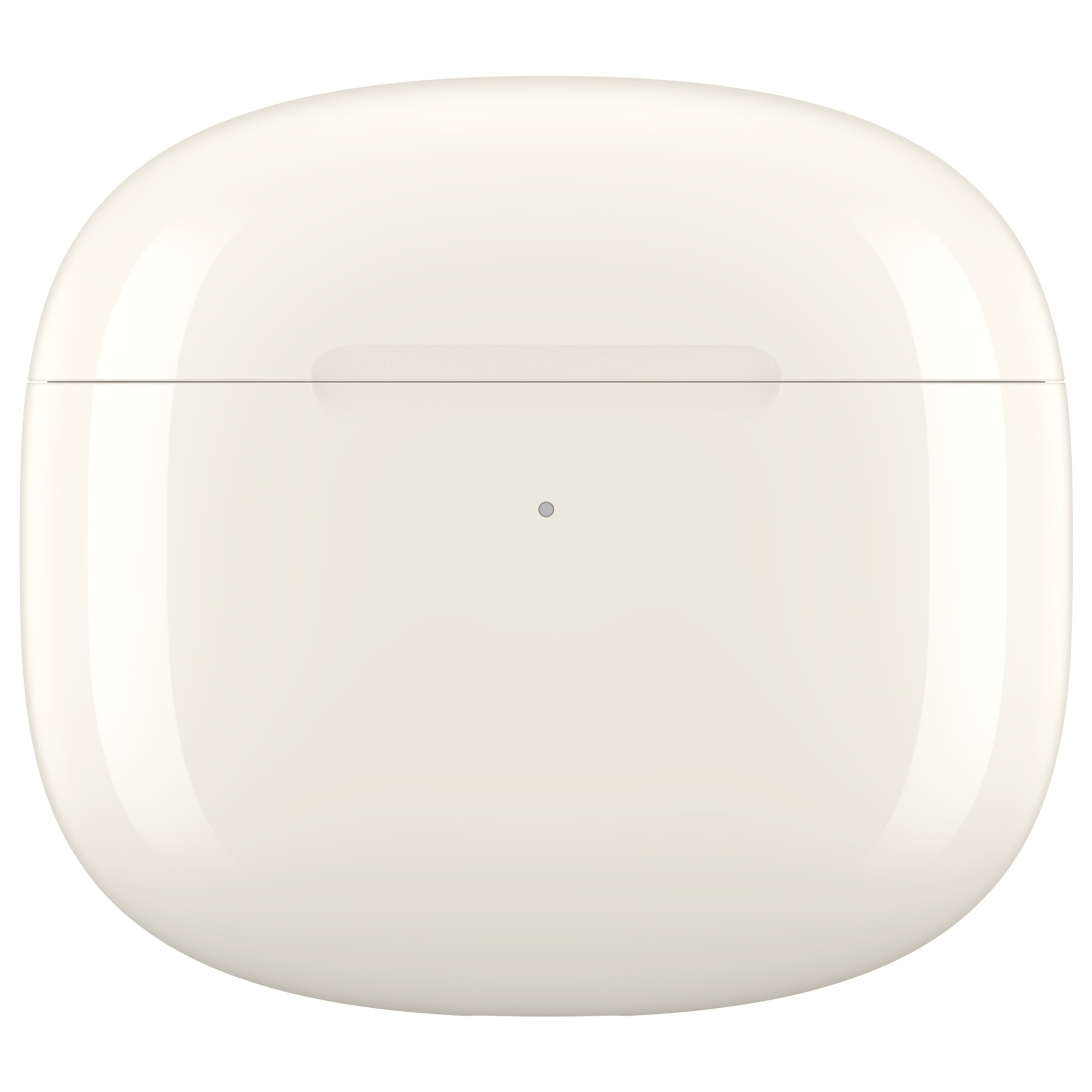 Kremowe, owalne etui ładujące słuchawki. Mała kropka jest wyśrodkowana na dolnej połowie.