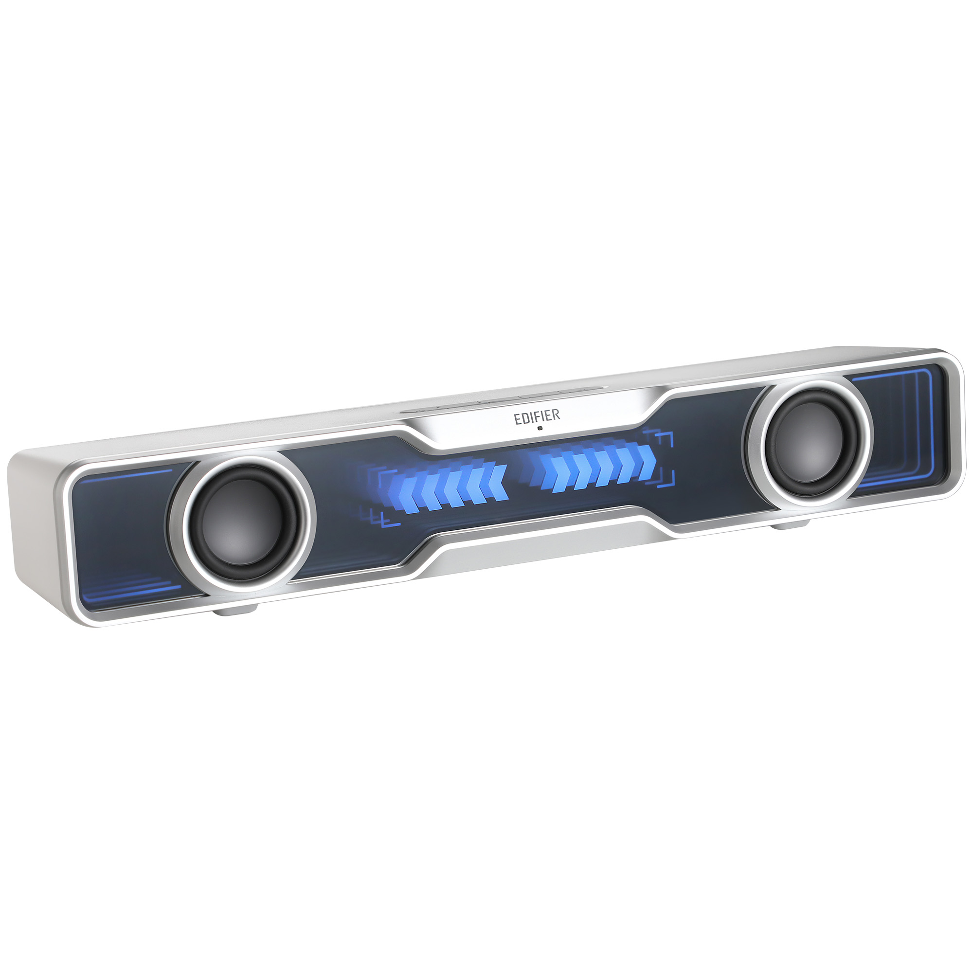 Srebrny soundbar z dwoma głośnikami i centralnym podświetlanym na niebiesko wzorem. Widoczna marka 'EDIFIER'.