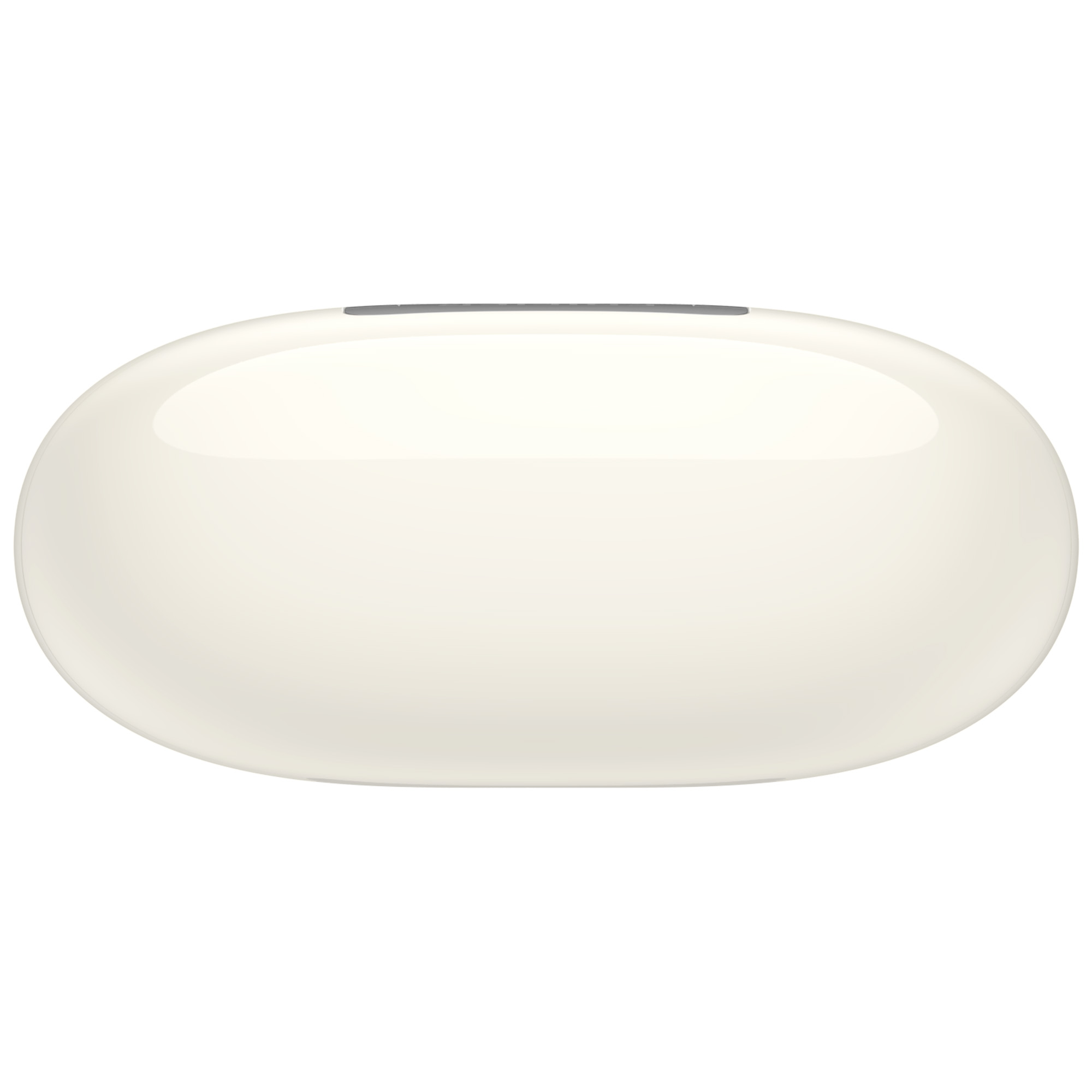 Owalny, kremowy obiekt z szarym paskiem na górze. Obiekt ma błyszczącą, odblaskową powierzchnię.