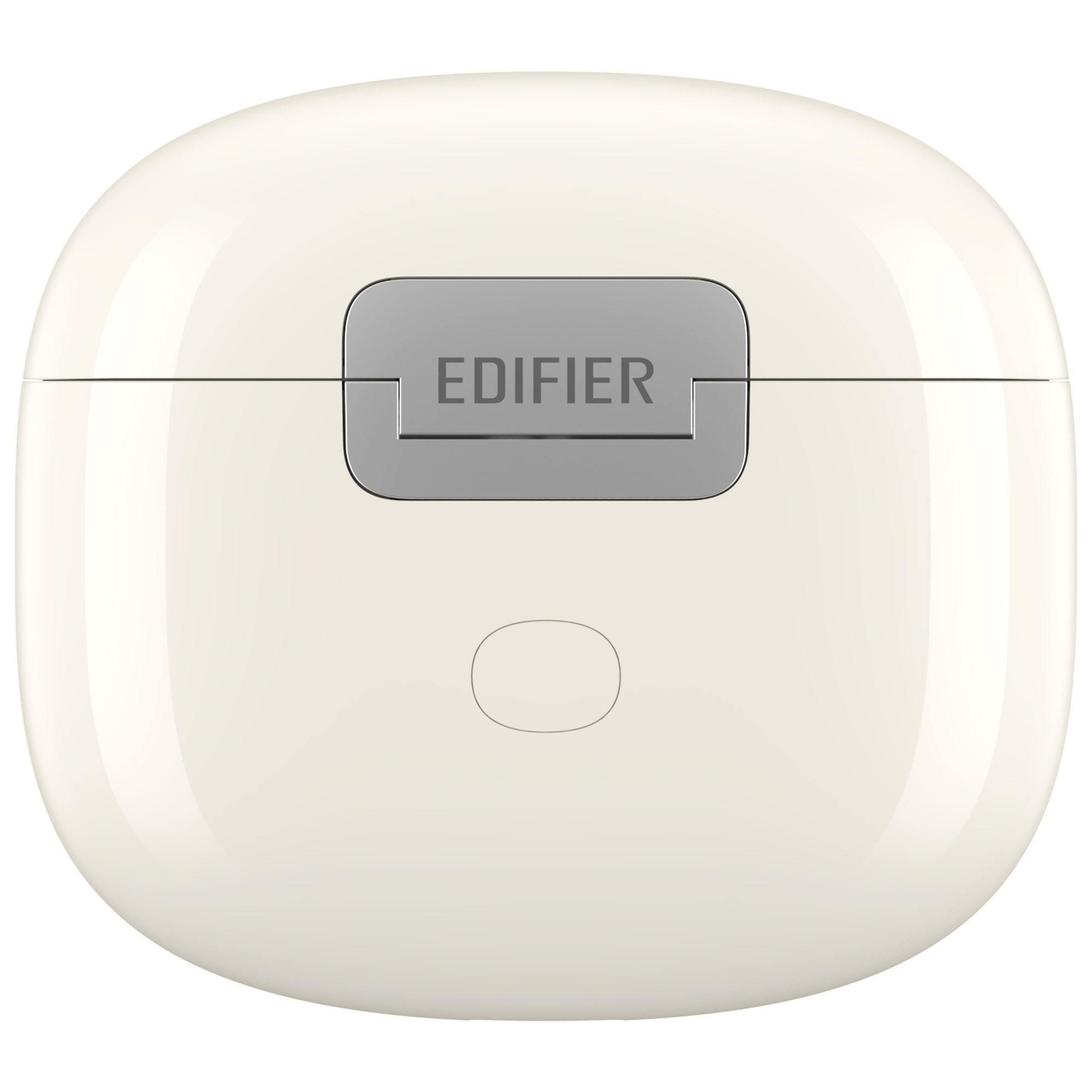 Kremowe etui na słuchawki Edifier. Ma szarą, prostokątną pokrywę z nazwą marki. Mały przycisk na dole.