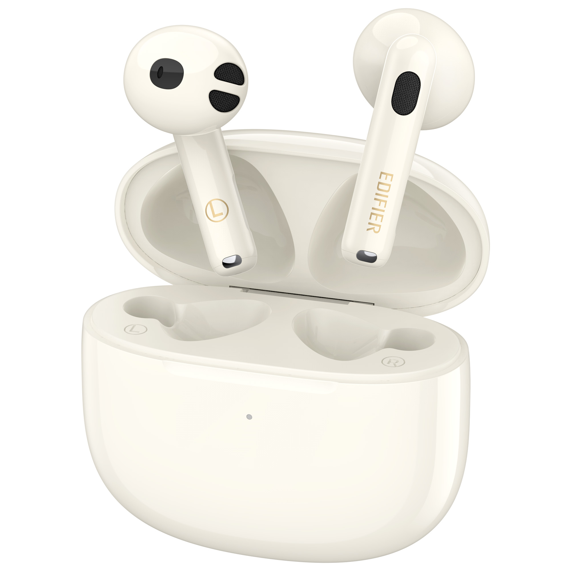 Słuchawki w kolorze kości słoniowej w otwartym etui. Na jednym słuchawce jest napis 'L', a na drugim 'EDIFIER'.