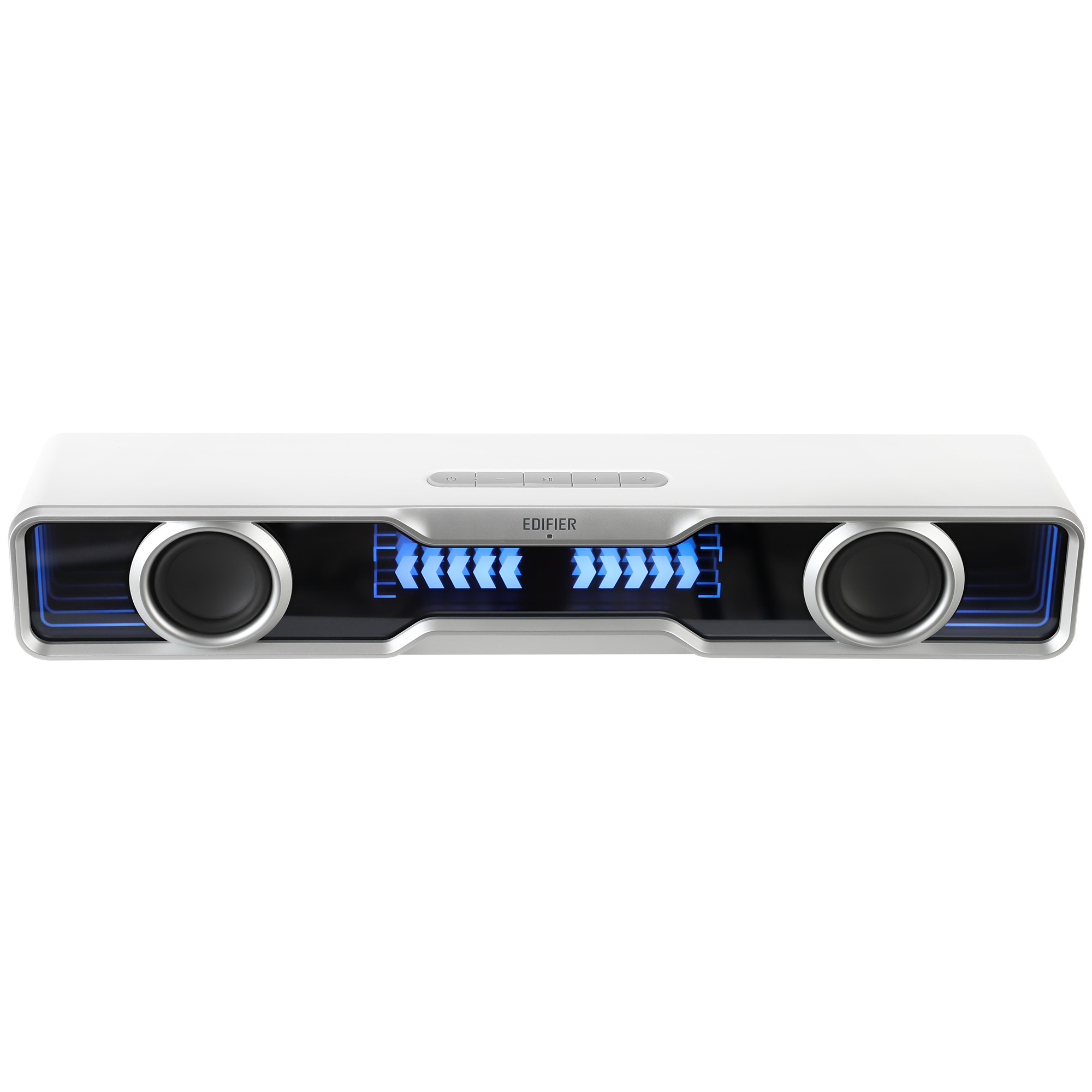Biały głośnik z niebieskimi akcentami i marką 'EDIFIER'. Posiada dwa głośniki i wyświetlacz cyfrowy.