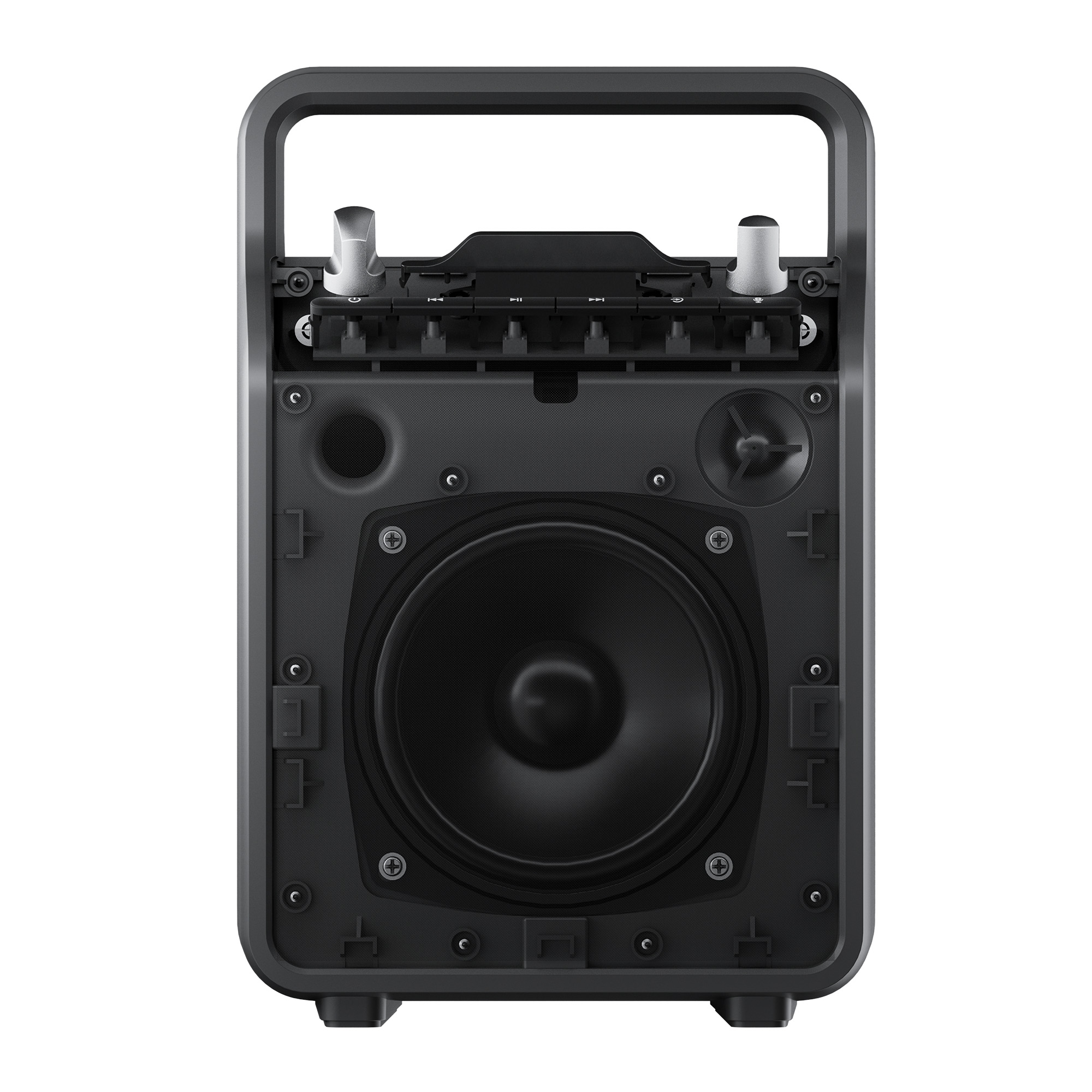 Czarny głośnik z uchwytem. Posiada duży głośnik centralny, pokrętła i śruby.