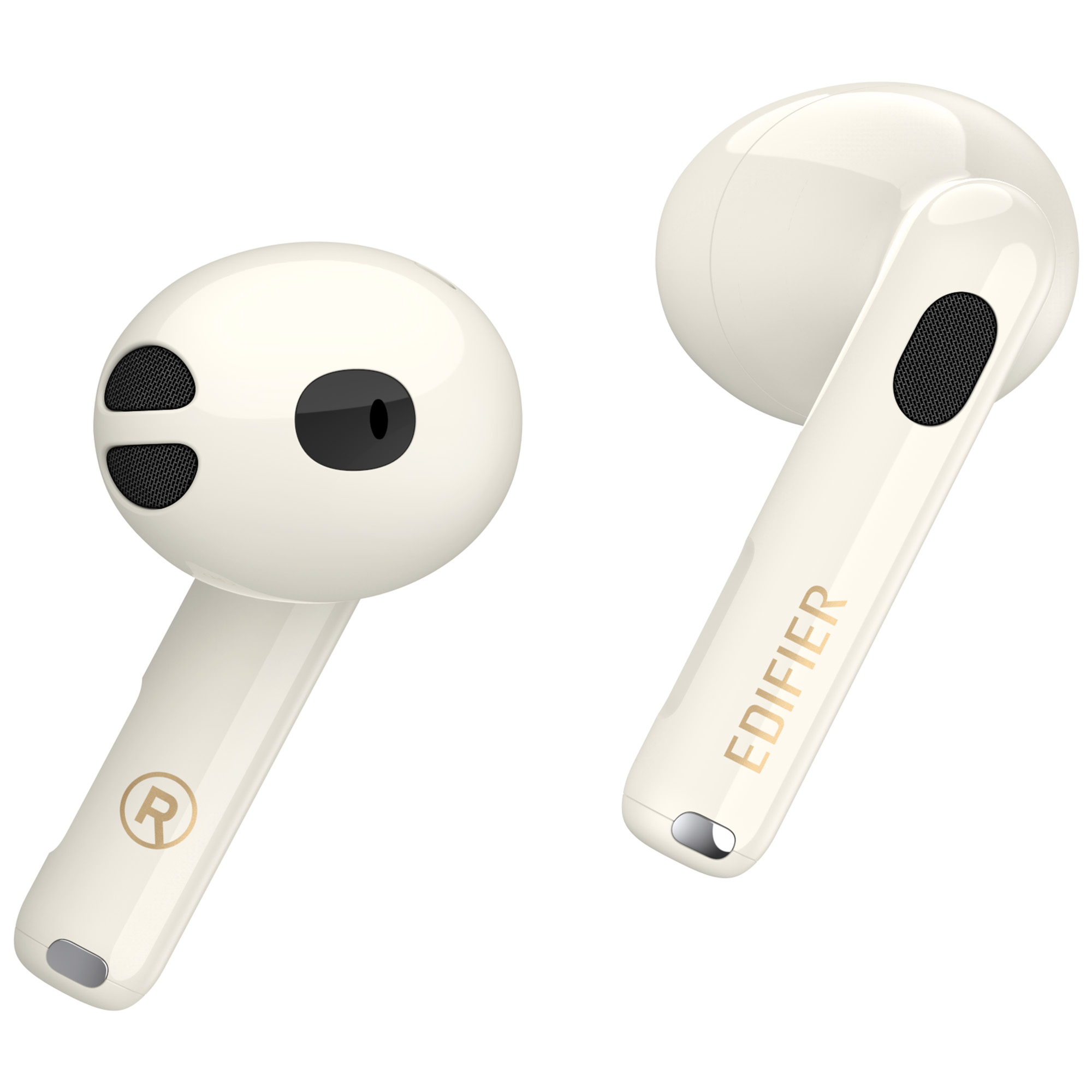 Dwa kremowe bezprzewodowe słuchawki. Jeden pokazuje symbol 'R', drugi tekst 'EDIFIER'. Oba mają czarną siatkę i srebrny detal.