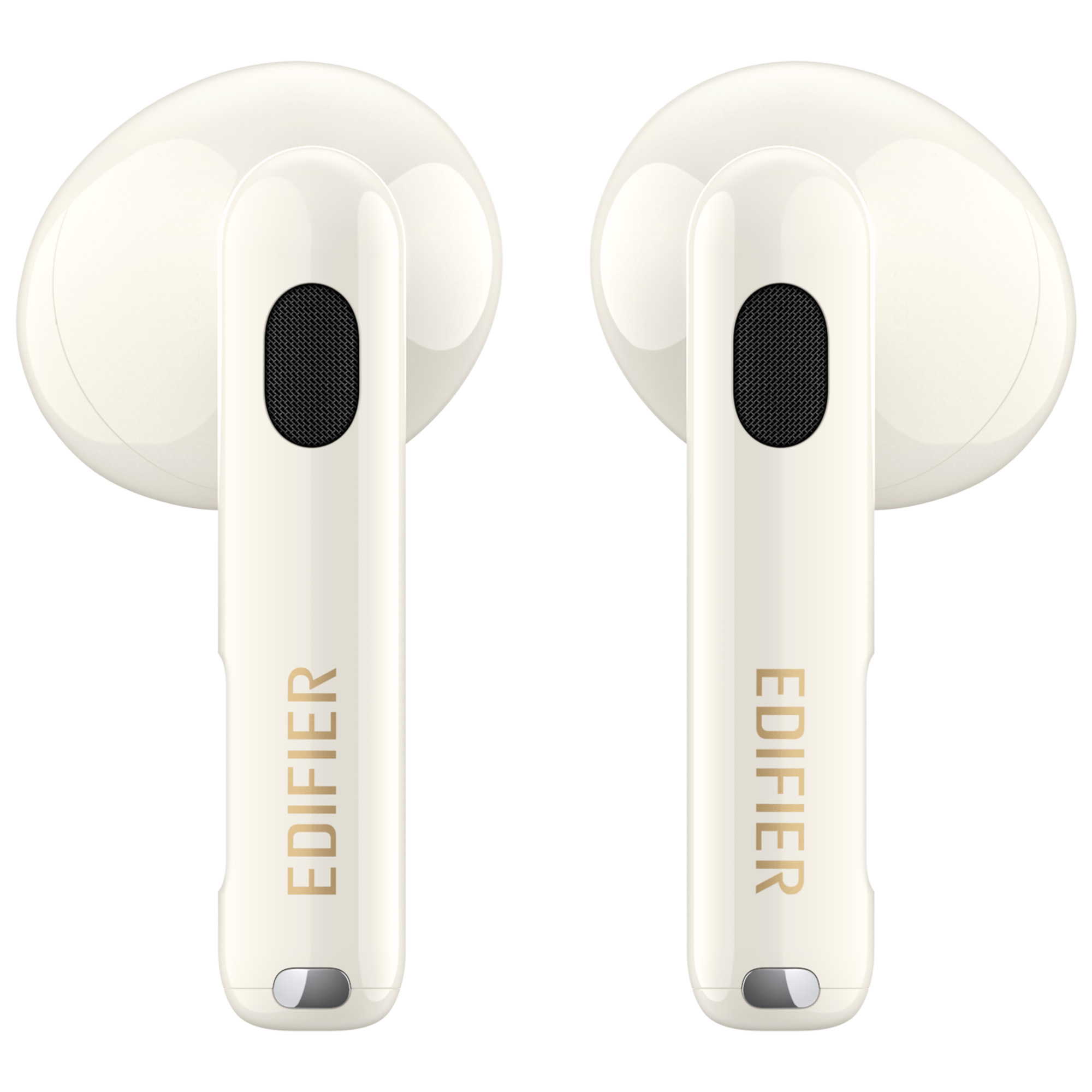 Dwa słuchawki Edifier w kolorze kości słoniowej. Każdy ma czarną siateczkę i nazwę marki w kolorze złotym.
