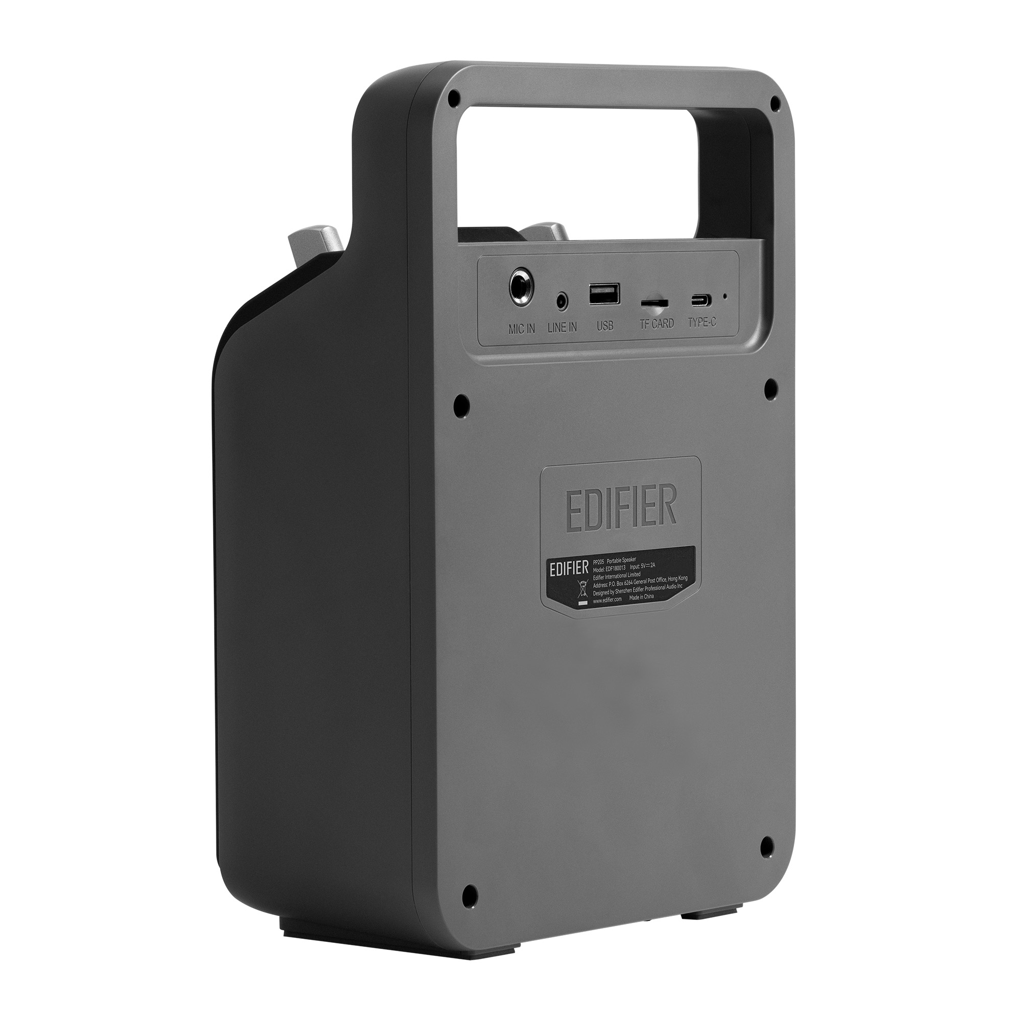 Szary przenośny głośnik Edifier z uchwytem. Posiada porty wejściowe: mikrofon, linia, USB, karta TF i Typ-C.