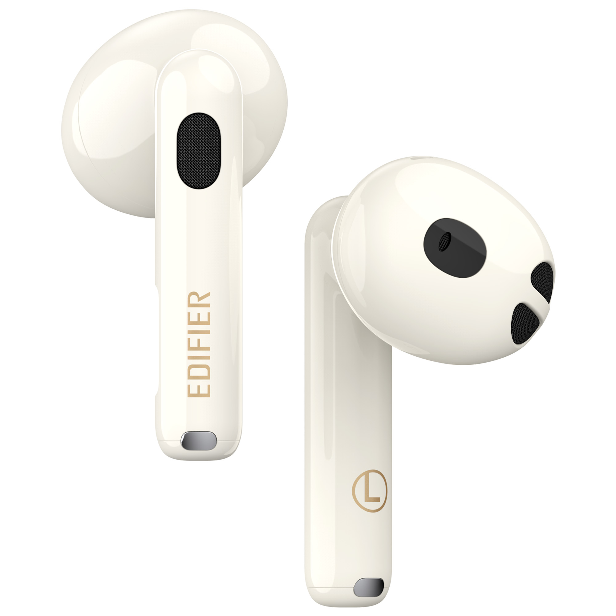 Dwa kremowe bezprzewodowe słuchawki. Jeden pokazuje markę "EDIFIER". Drugi pokazuje złote "L".