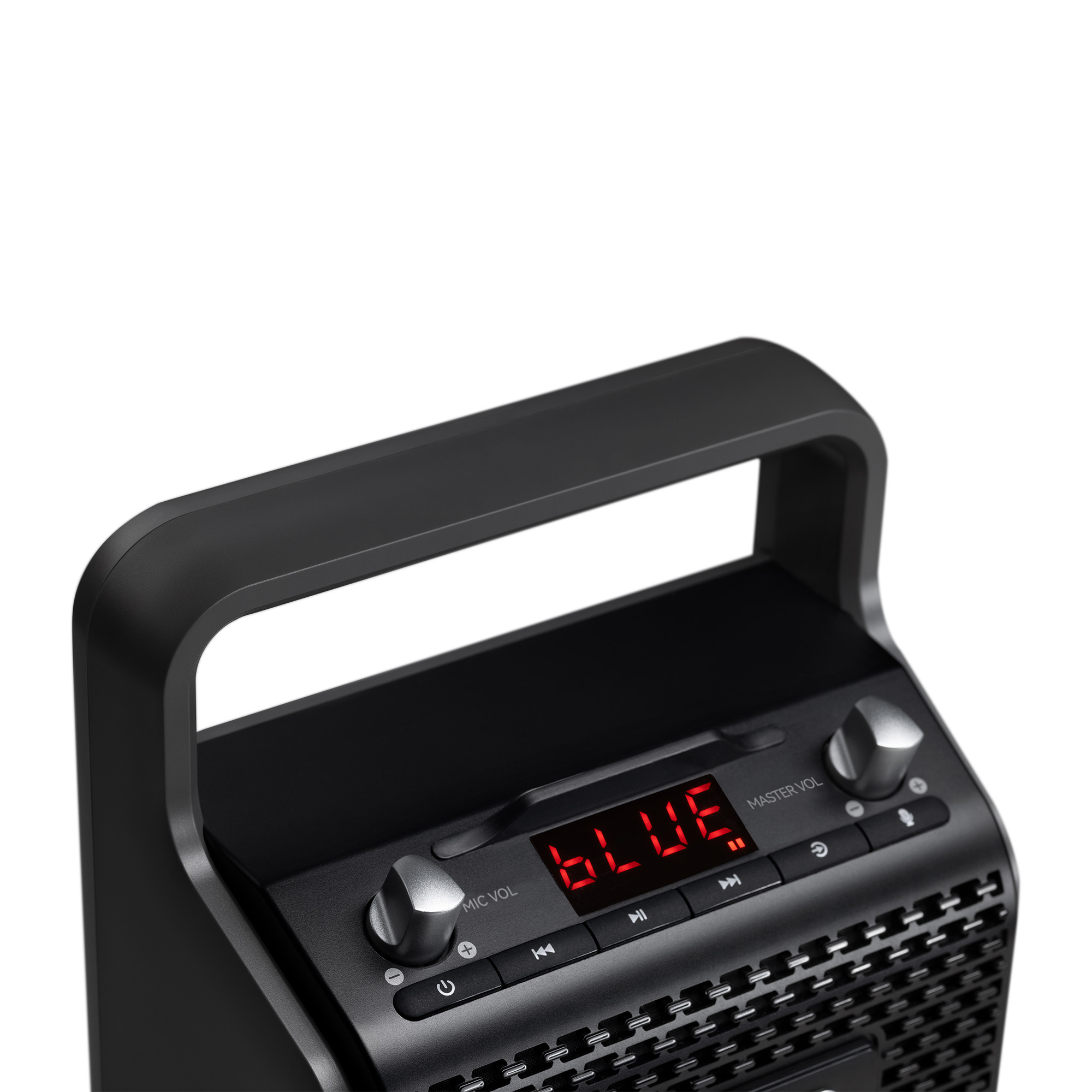 Czarny głośnik przenośny z uchwytem. Ma wyświetlacz cyfrowy z czerwonym napisem 'BLUE'. Widoczne są pokrętła i przyciski sterowania.