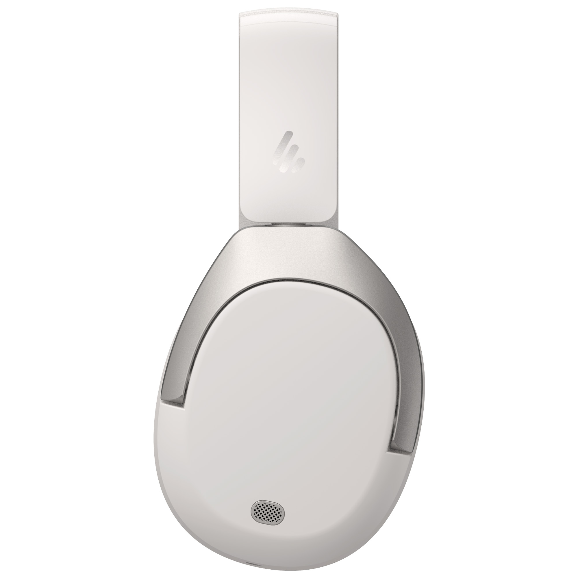 Białe i srebrne słuchawki na białym tle. Słuchawki są wyśrodkowane, pokazując górę i jedną stronę.