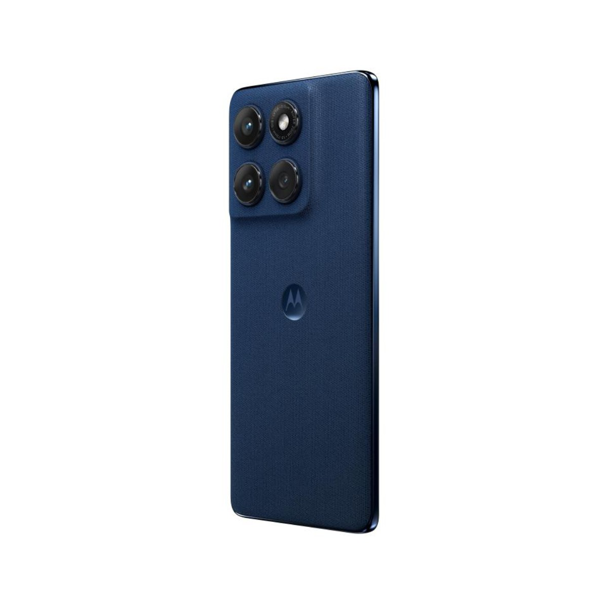 Prezentowany jest granatowy smartfon z czterema obiektywami aparatu. Logo Motorola jest widoczne z tyłu na białym tle.
