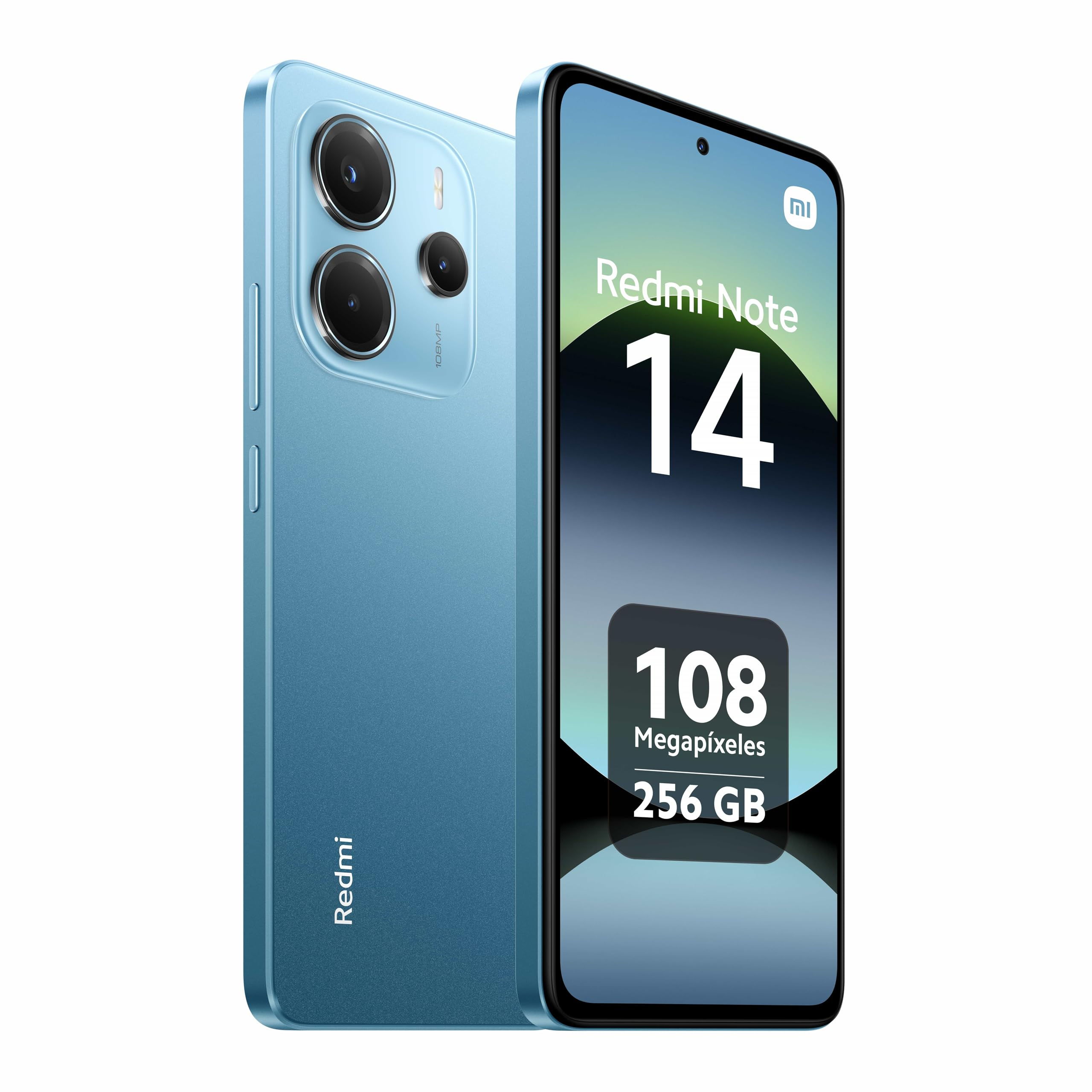 Telefono blu Redmi Note 14. Lo schermo mostra '14', '108 Megapixel' e '256 GB'. Il telefono è su sfondo bianco.