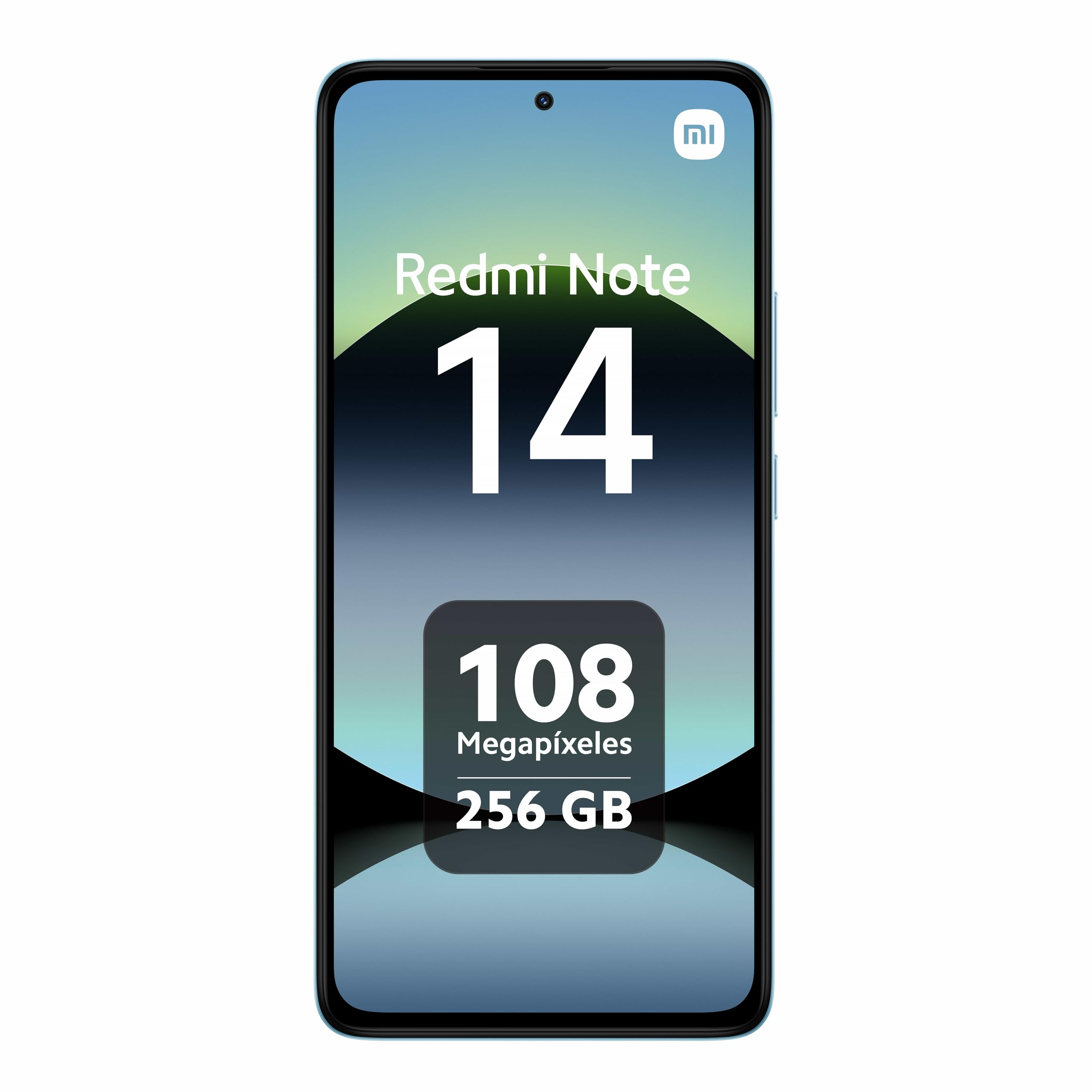 Uno schermo di smartphone mostra 'Redmi Note 14'. Caratteristiche: 108 megapixel e 256 GB.
