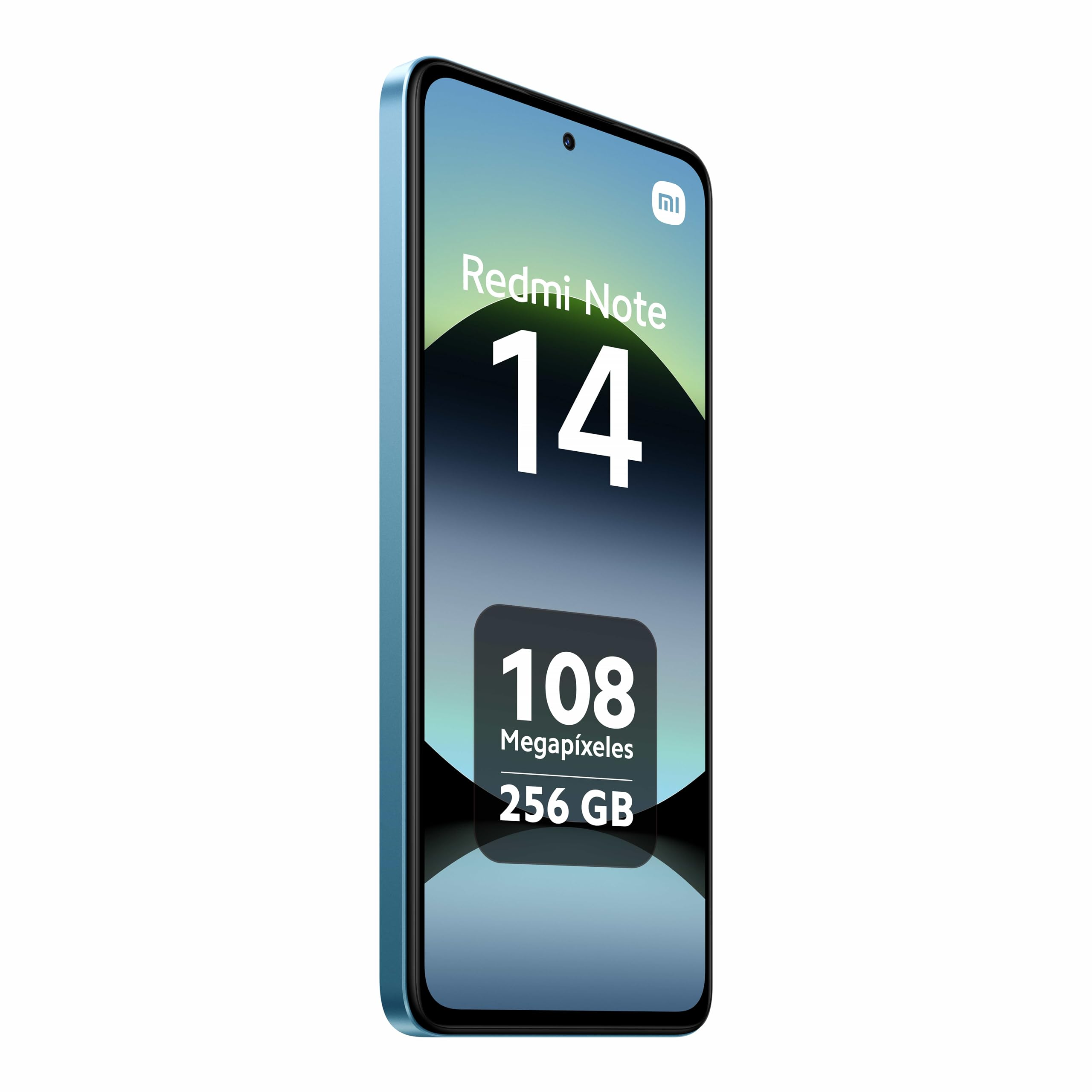 Uno smartphone turchese, Redmi Note 14, mostra le specifiche: 108 megapixel e 256 GB. Logo Xiaomi. Su sfondo bianco.