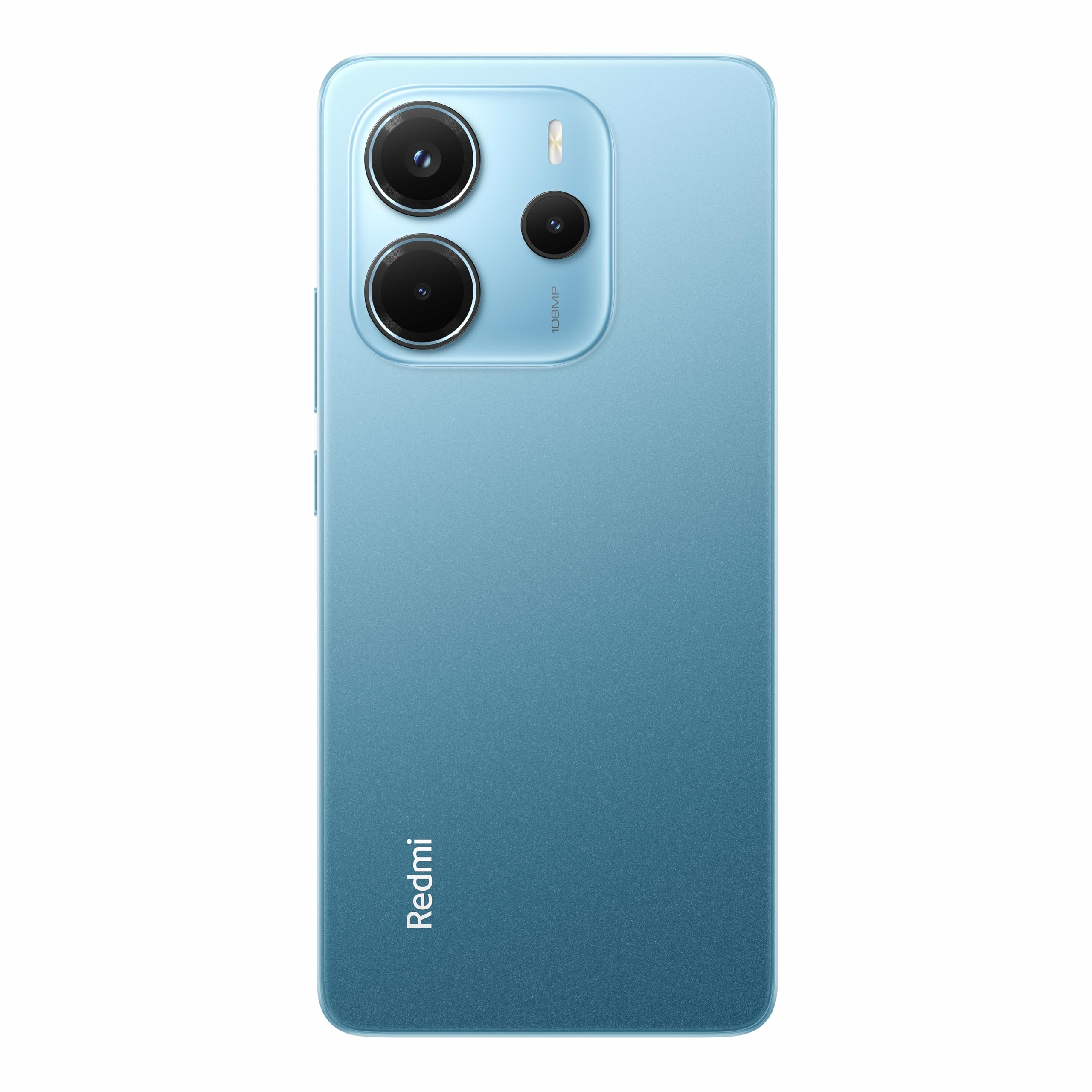 Retro di un telefono Redmi azzurro. Ha tre obiettivi e il marchio stampato in verticale.