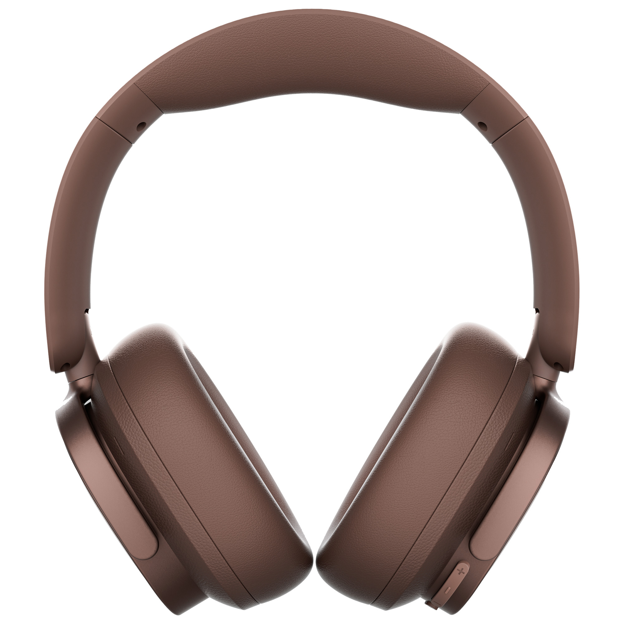 Brązowe słuchawki na białym tle. Słuchawki są nauszne, z nausznikami i pałąkiem.