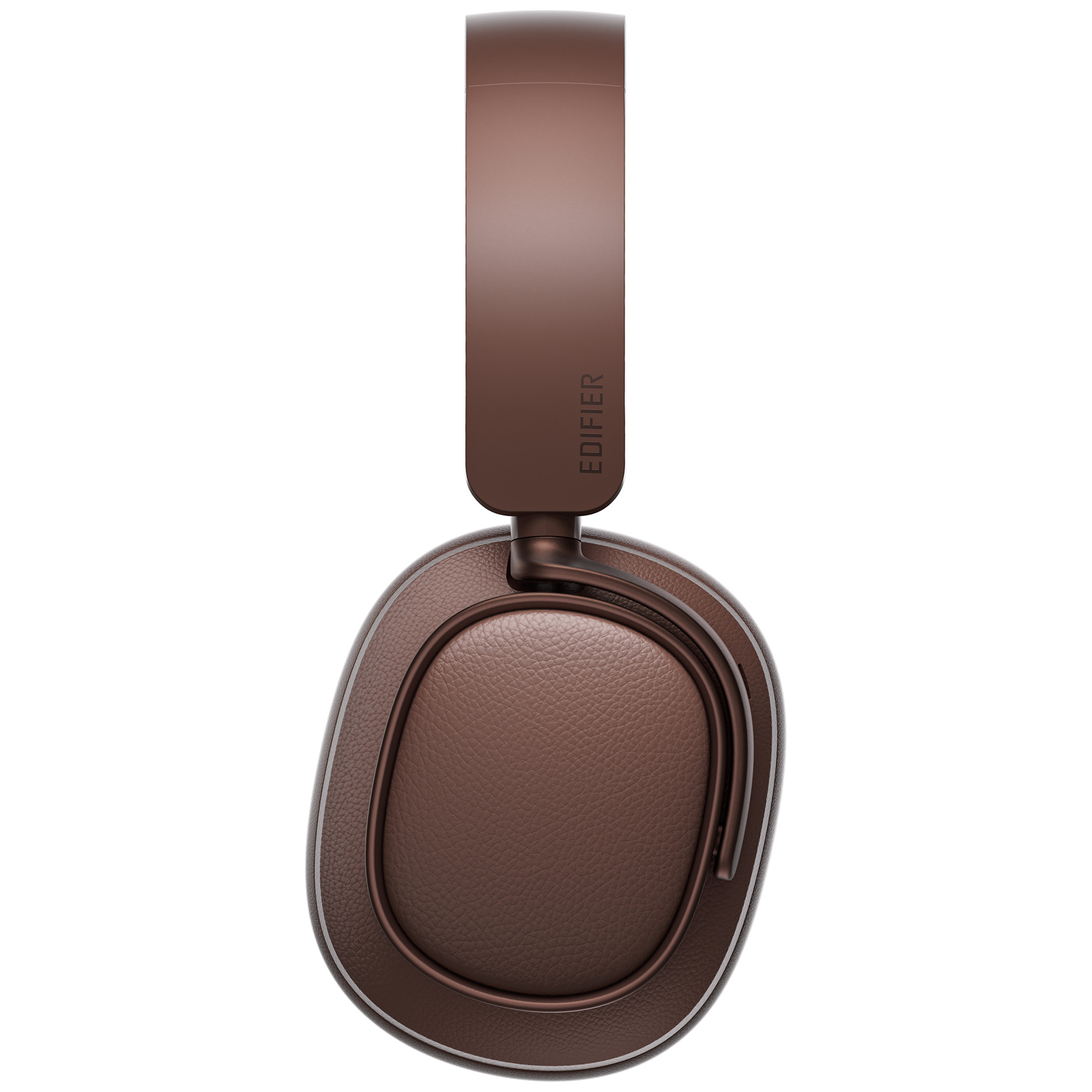 Brązowe słuchawki, widoczna nazwa marki EDIFIER. Nauszniczki są teksturowane. Pałąk również brązowy.