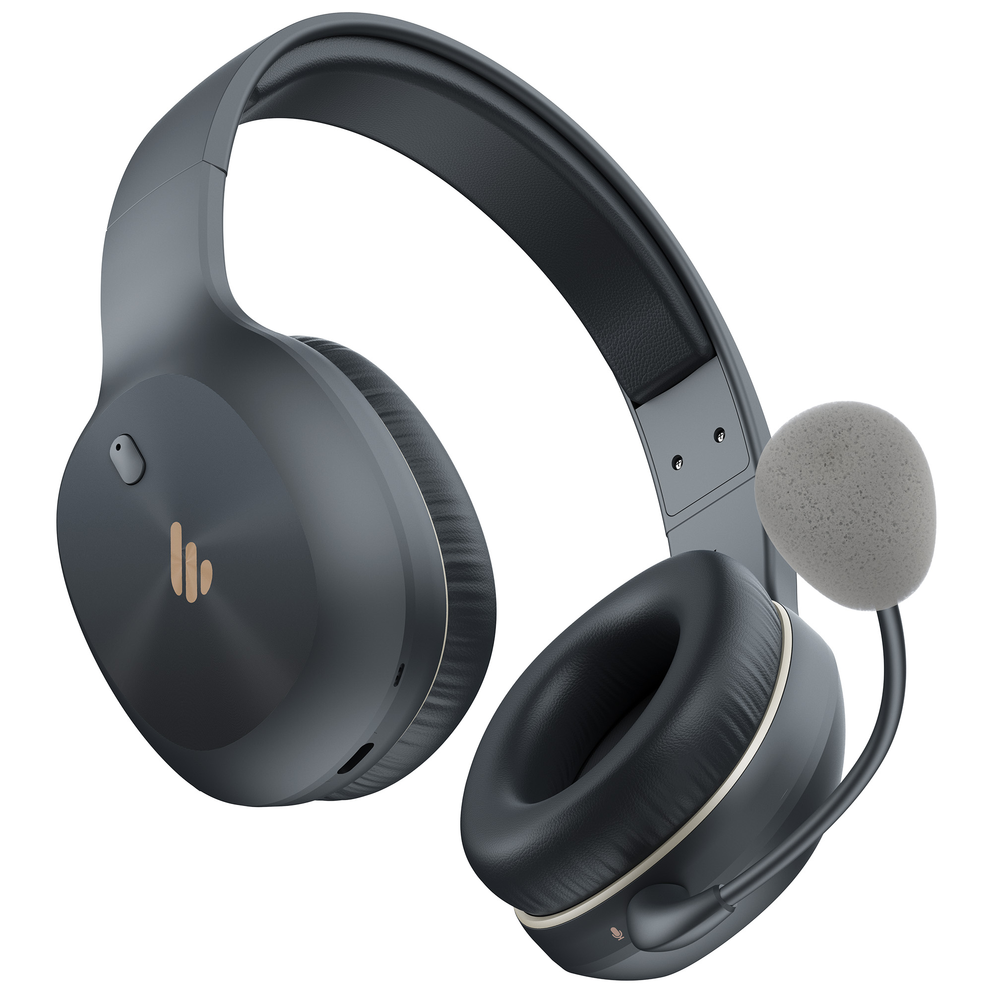 Ciemnoszare słuchawki z mikrofonem. Słuchawki mają czarne nauszniki i jasnoszary mikrofon.