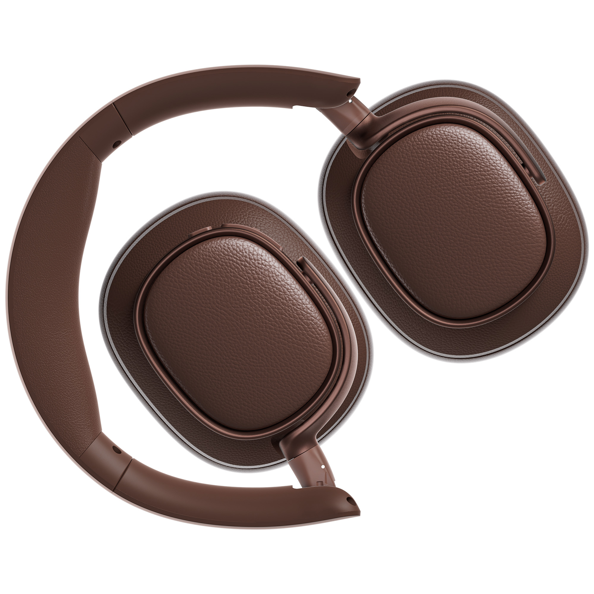 Brązowe słuchawki z skórzanymi nausznikami na białym tle. Pałąk jest zakrzywiony.