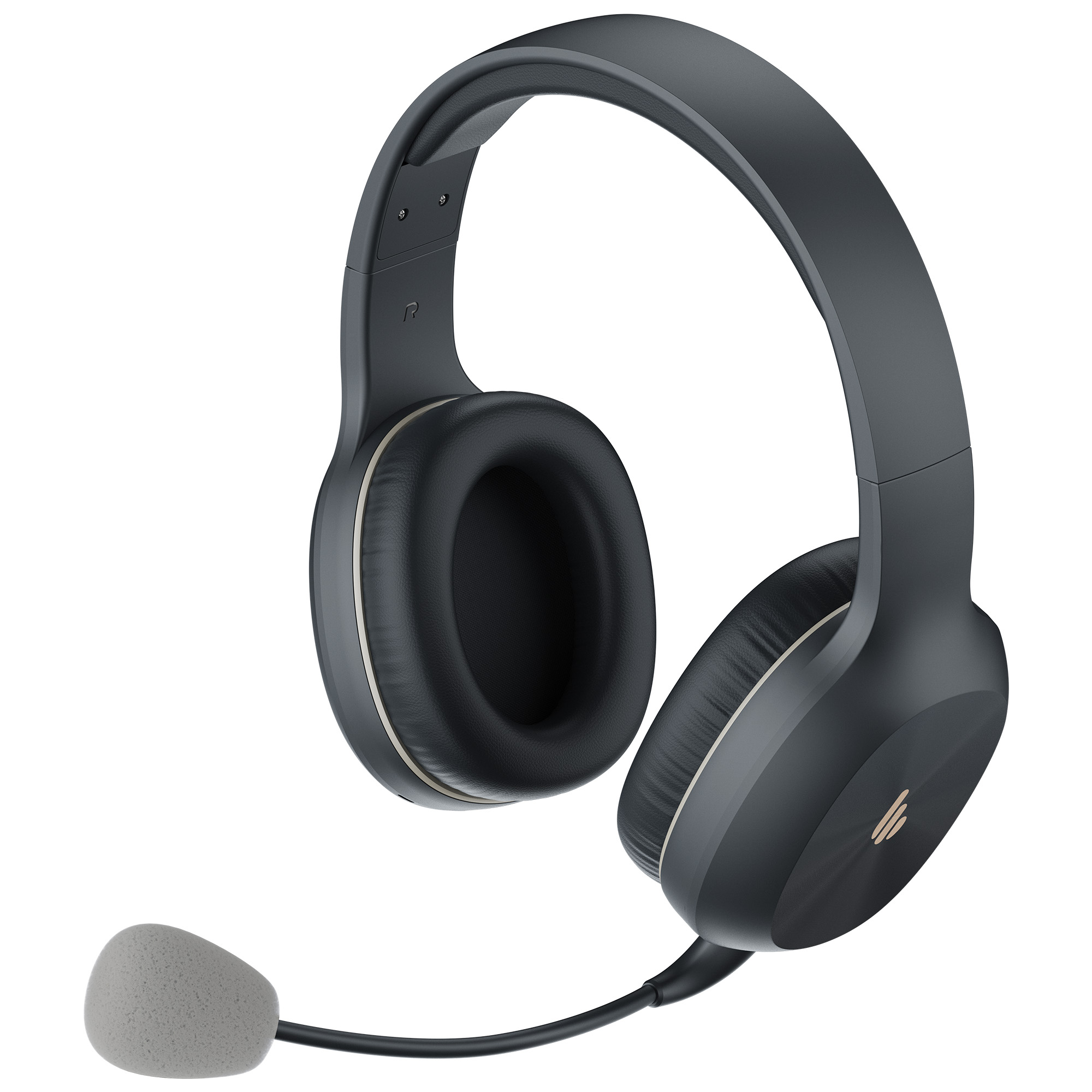 Ciemnoszary zestaw słuchawkowy z mikrofonem. Nausznik jest czarny, a mikrofon ma szarą piankową osłonę. Białe tło.