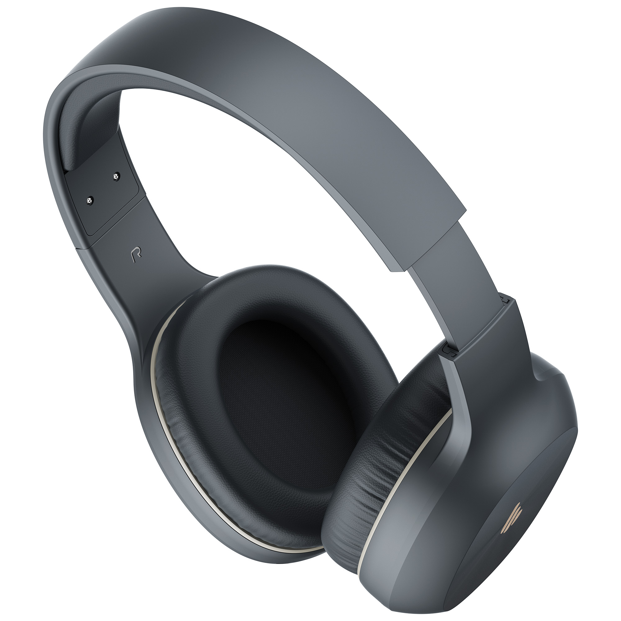 Szare słuchawki nauszne z czarnymi nausznicami i białym tłem. Prawy nausznik ma logo.