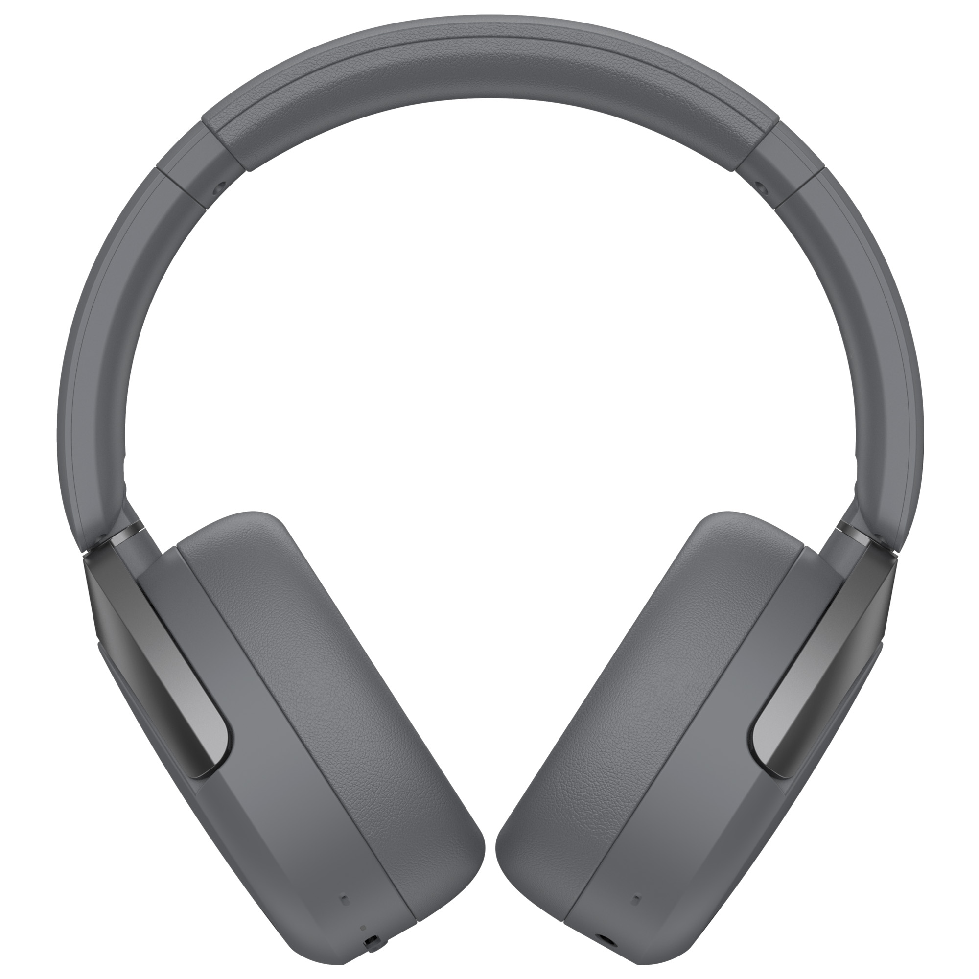 Szare słuchawki na białym tle. Słuchawki mają kształt łuku z widocznymi nausznikami.