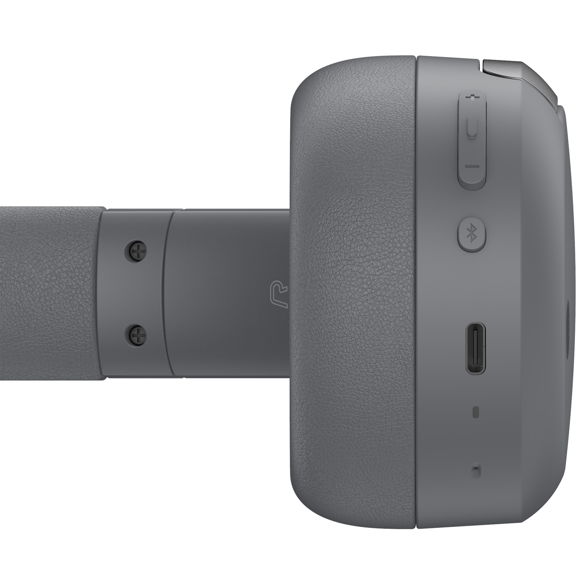 Zbliżenie szarego zestawu słuchawkowego. Widoczne przyciski, symbol Bluetooth i port USB-C. Białe tło.