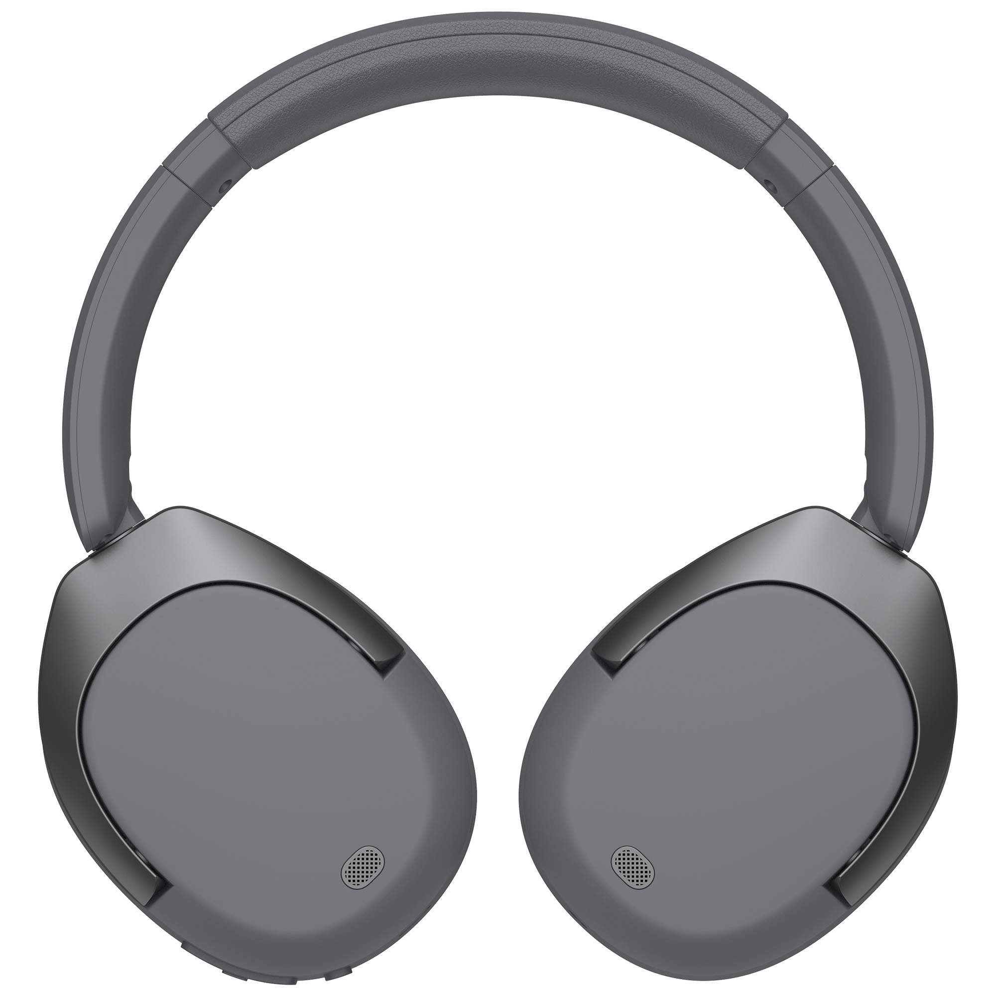 Szare słuchawki z pałąkiem i nausznikami na białym tle. Każdy nausznik ma kratkę głośnika.